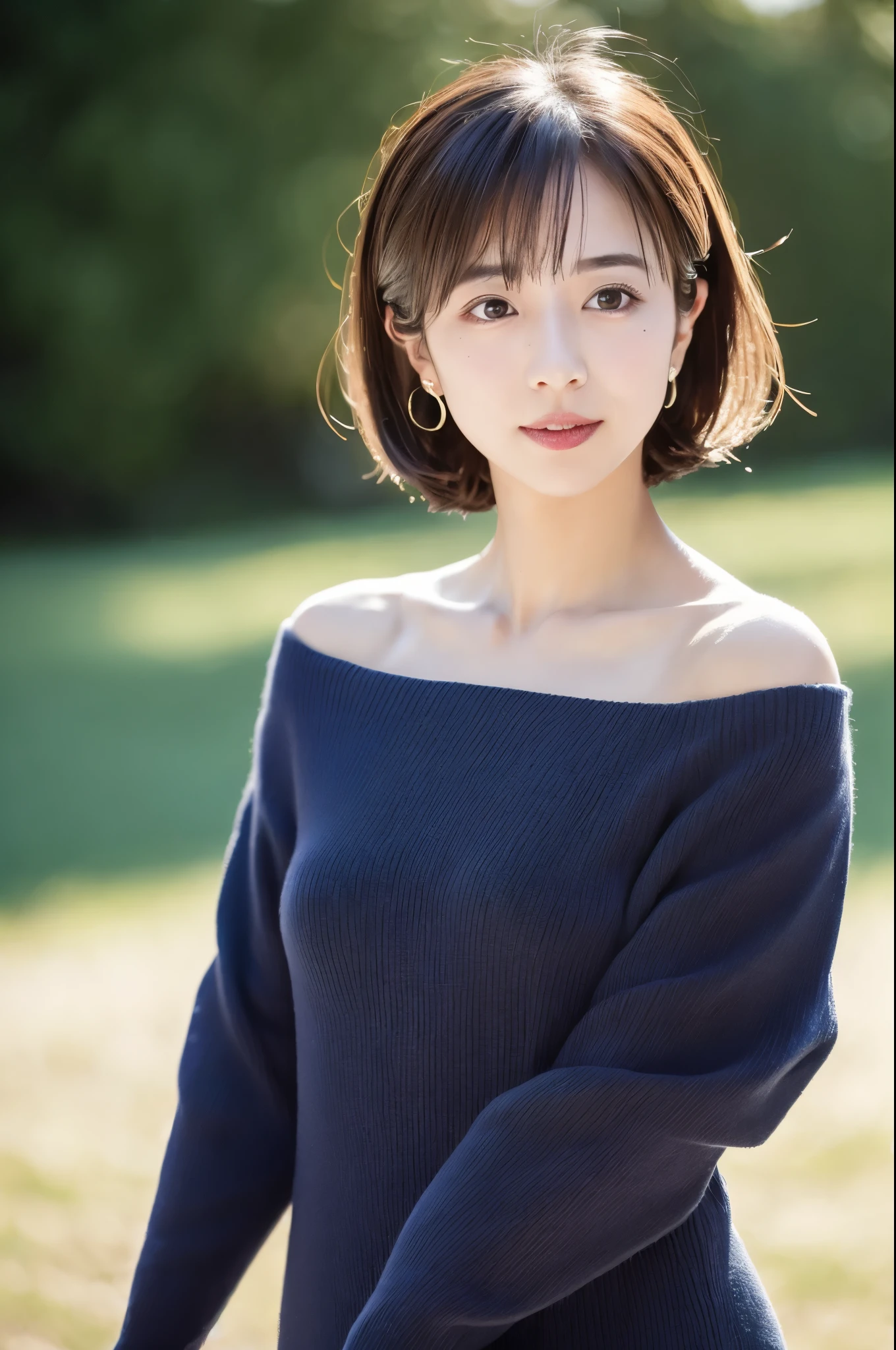 Detailed details,、high resolution、high quality、Perfect dynamic composition、Beautiful detailed eyes、short-hair、Small breasts、Natural Color Lip、Kamimei、Shibuya、20 years girl、1 persons、Transparent skin、Glowing hair、masterpiece、Best Quality、finely detail、hight resolution、8K、The correct state of the human body、She wears a navy blue long knit dress、randome pose、Gravure Model Pose、Hair soaring in the wind