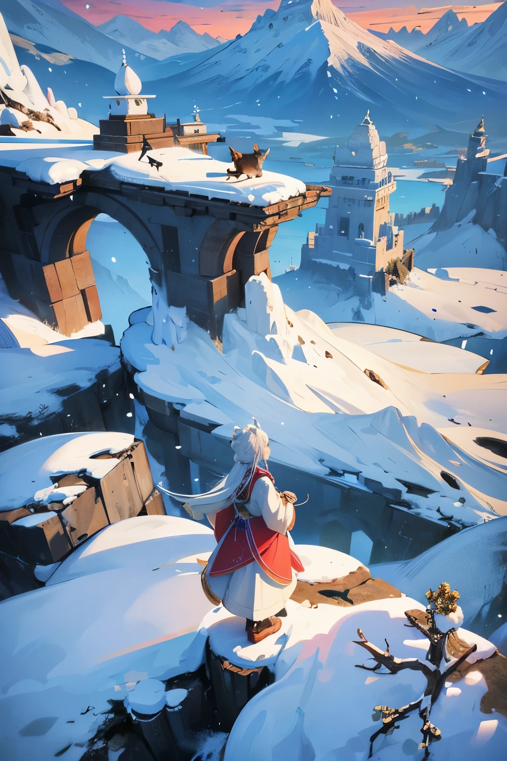 Conceptual scenes unfold on a Sky Island, where snow-capped mountains touch the dreamlike magical sky. Indian Himalayan style buildings dot the landscape, their vibrant colors and ornate architecture contrasting against the pristine white snow. Children and adults of all ages, as well as older people, huddle together against the cold, domestic animals like cows, sheep, and goats joining them for warmth.
Majestic sacred beasts roam the land, their grand presence bridging the gap between the mountains and the seas. The National style aesthetic is inspired by the masterful works of Wu Junda and Ruan Jia, while Game Meixuan's concept-art inf