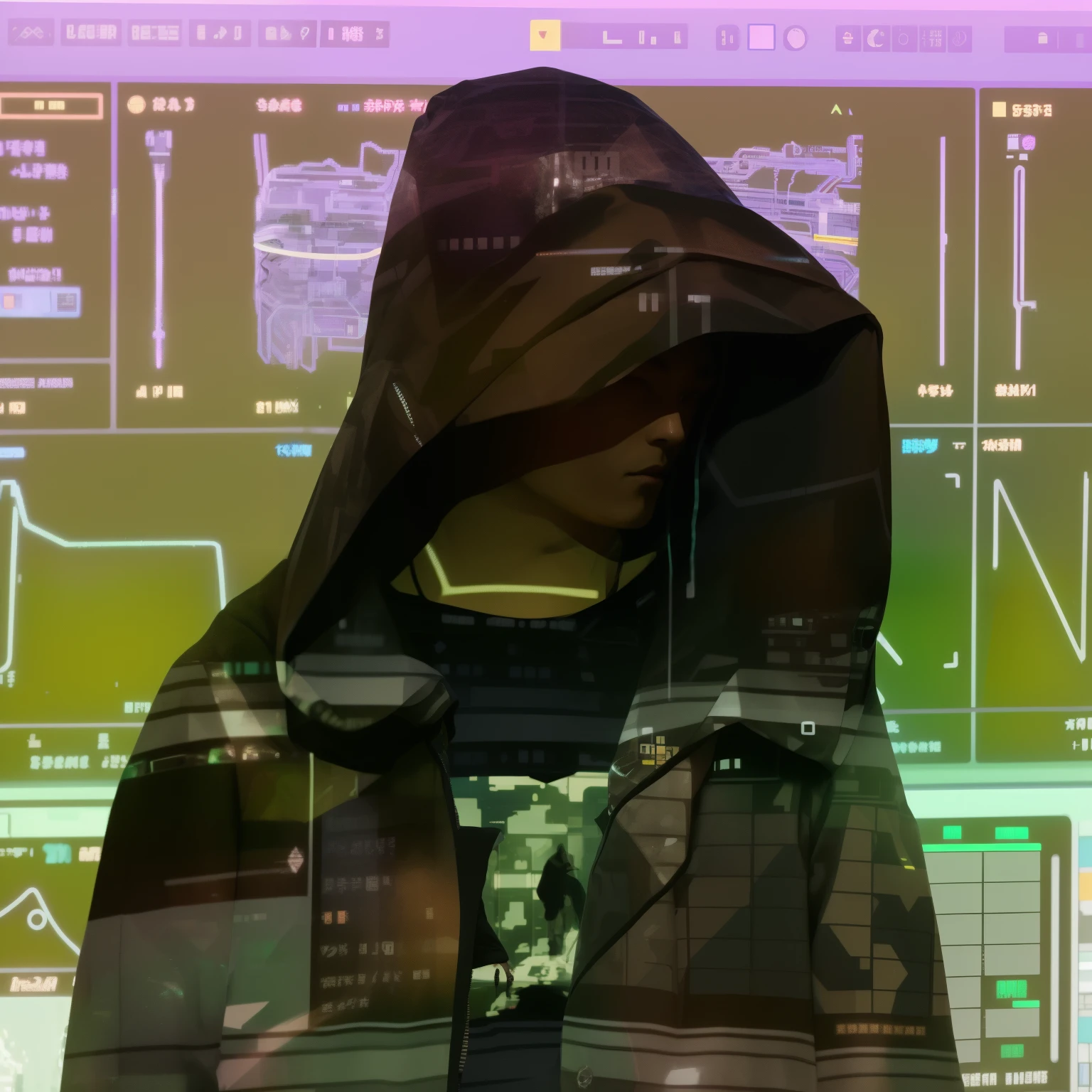 Image of a man in hoodie standing in front of screen, Holographic sci-fi hood, wearing sci - fi cloak with hood, hooded figure, cyberpunk streetwear, like cyberpunk studio, promotional art, Photo of a woman in tech clothing, ( ( Fault art ) ), cyber aesthetic, Cyberpunk anime girl in hoodie