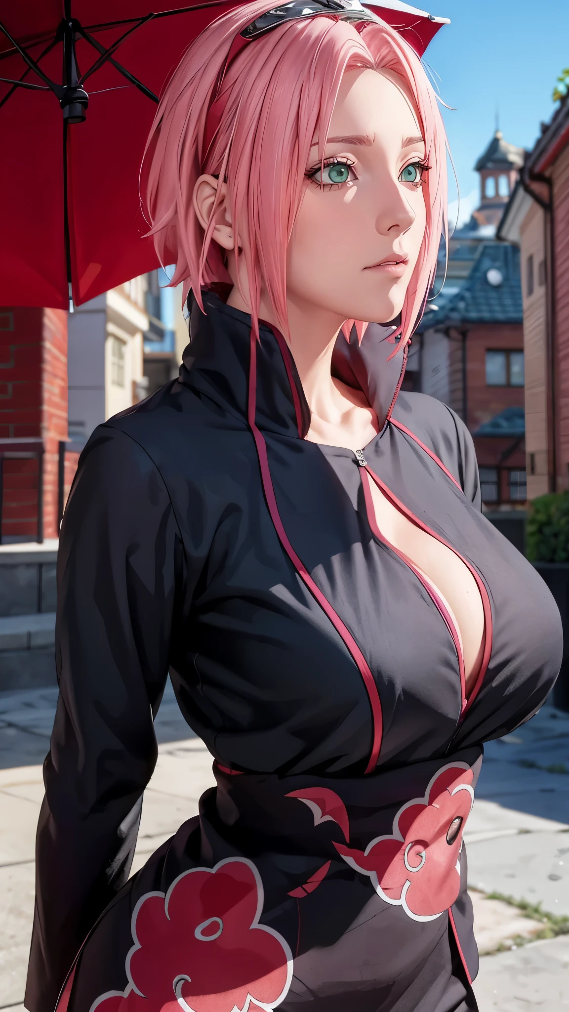 （（（short hair，pink hair，akatsuki outfit，Xiao clothing, ninja, black cloak, black coat, Boss, （（（danya，Sakura,green eyes,bangs,forehead protector, shinobi symbol, ））），（（（wide hips））），S-shaped body:1.7））），((masterpiece)),high resolution, ((Best quality at best))，masterpiece，quality，Best quality，（（（ Exquisite facial features，looking at the audience,There is light in the eyes，lol，confidence ））），（（（Light and shadow interlace，huge ，cleavage））），（（（looking into camera）））