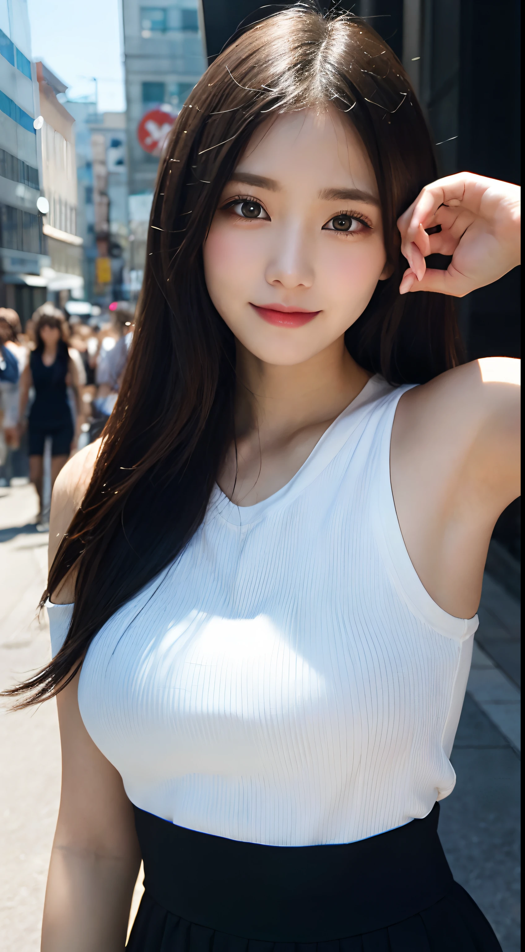 randome pose, mix4, (8K, Raw photography, top-quality, ​masterpiece: 1.45), (realisitic, Photorealsitic: 1.37), one girls, cute little, A smile、Cityscape, natta, profetional lighting, cafes,Street,photon maping, Radio City, physically-based renderingt, Gradient black hair, white  hair, Semi-long loose hair,gals,a handsome, girl with, large full breasts,off shoulders, Tight clothes,Onepiece,Tight skirt,top quality photo, hight resolution, 1080p, (clearface), (Detailed face description), (Detailed hand description), (​masterpiece), realisticlying, extreme light and shadows, dishevled hair, ​masterpiece, lush detail, (Fine facial features), (Highest Quality Photos), (​masterpiece), (finely eye), dual、Look in front of you, Fine clavicle,Emphasis on the armpits、Show lower milk