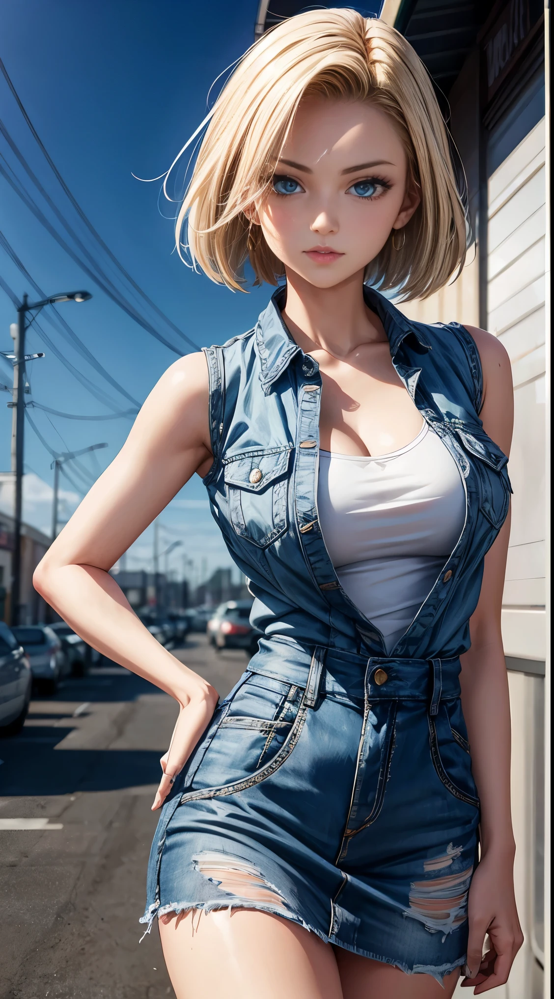 highest quality, High resolution, Artificial Man No. 18, 1 girl, android 18, alone, blonde hair, blue eyes, The hairstyle is one-length, laughter，earrings, jewelry, denim dress, open vest, white t-shirt，distressed jeans，big breasts, sexy pose，street, (external expansion chest: 1.2)，