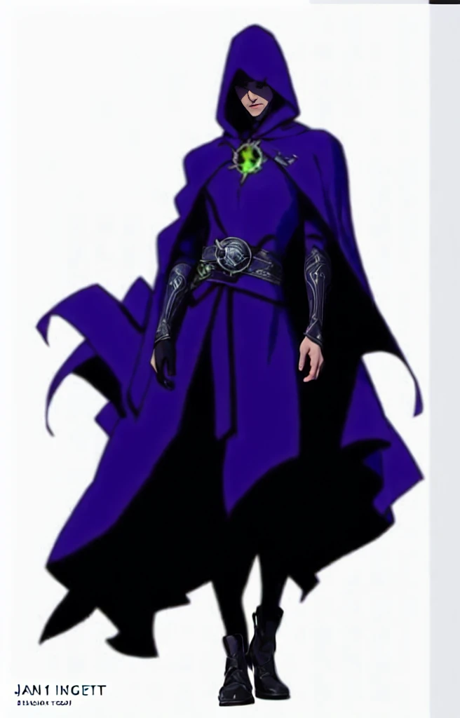 ((( Man wearing cloak))) ( indigo cloak as in controlnet image:1 with black lines), face visible, green eyes. Symbol on chest, visible hands, human anatomy