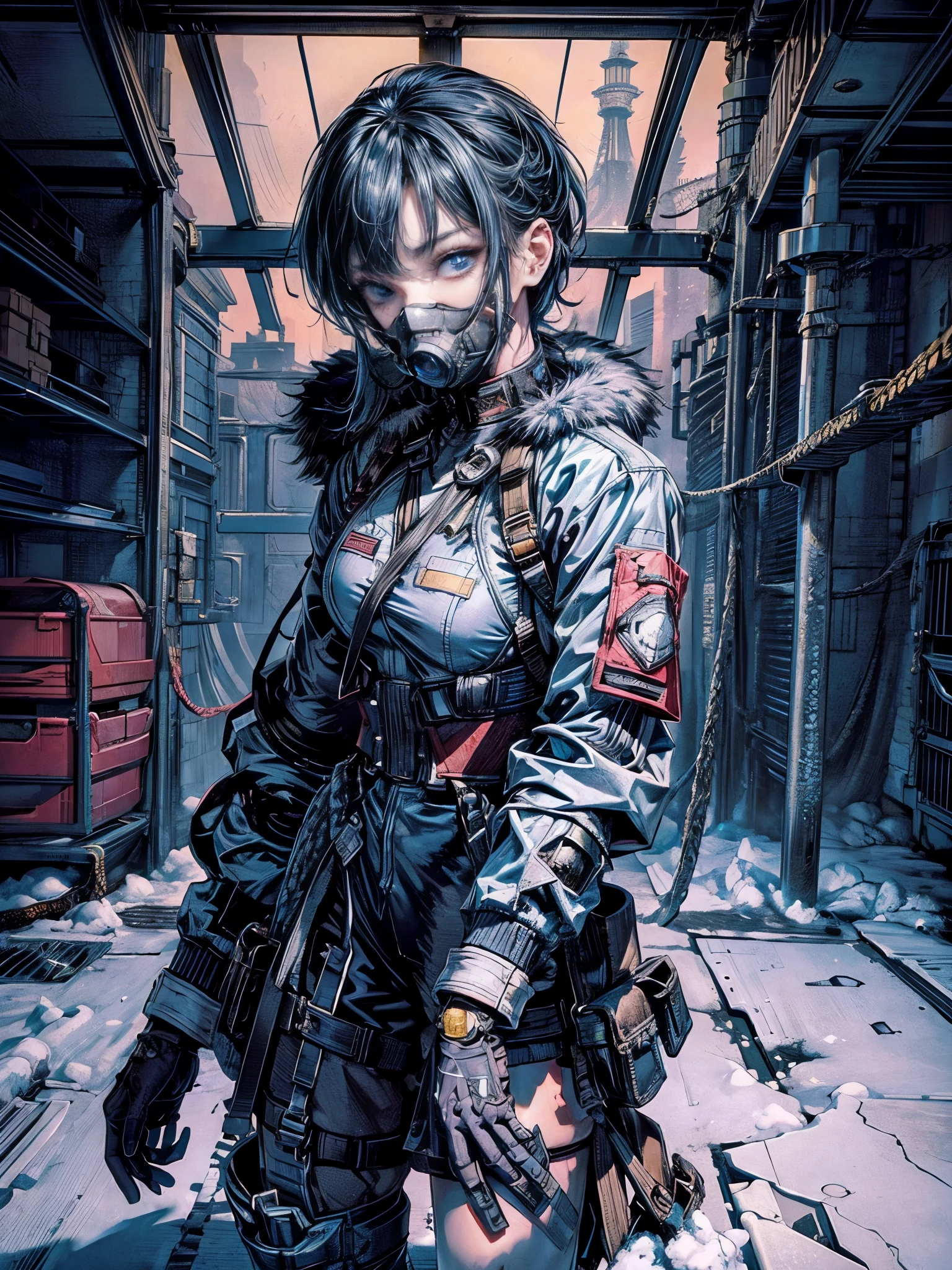 16K quality、cinematic lighting,super dense skin、Beautiful quality with attention to detail,high resolution、perfect anatomy,(cyberpunk、replace、dim color, pleasant tone:1.3)female soldier standing on the battlefield,(Detailed beautiful facial features、high quality hair、medium hair、blue eyes:1.3)blue hair、（boa jacket with fur）Thick combat uniform for cold weather、military wide pants、boa jacket with fur、morphing gas mask、wear goggles around your neck、（A blizzard rages、Snow covered、clothes covered in snow:1.4）(Pose with one hand raised:1.2)From the frigid snowfield、returned to the hangar、Inside military hangar base、You can see the snowy field from the window. A blizzard is rolling up.、Don&#39;t show your bare feet