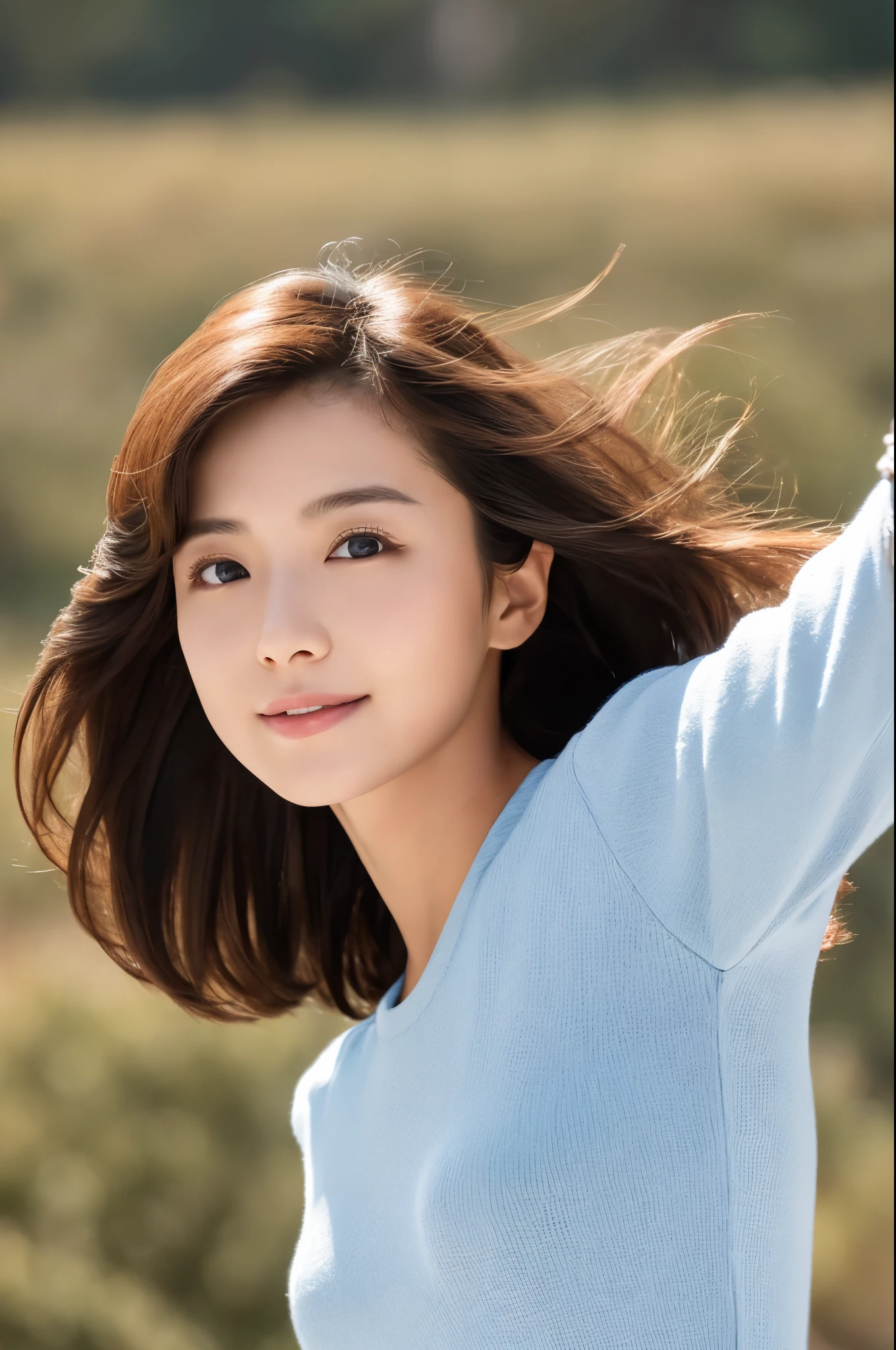 Detailed details,、high resolution、high quality、Perfect dynamic composition、Beautiful detailed eyes、short-hair、Small breasts、Natural Color Lip、Kamimei、Shibuya、20 years girl、1 persons、Transparent skin、Glowing hair、masterpiece、Best Quality、finely detail、hight resolution、8K、The correct state of the human body、She wears a navy blue long knit dress、randome pose、Gravure Model Pose、Hair soaring in the wind