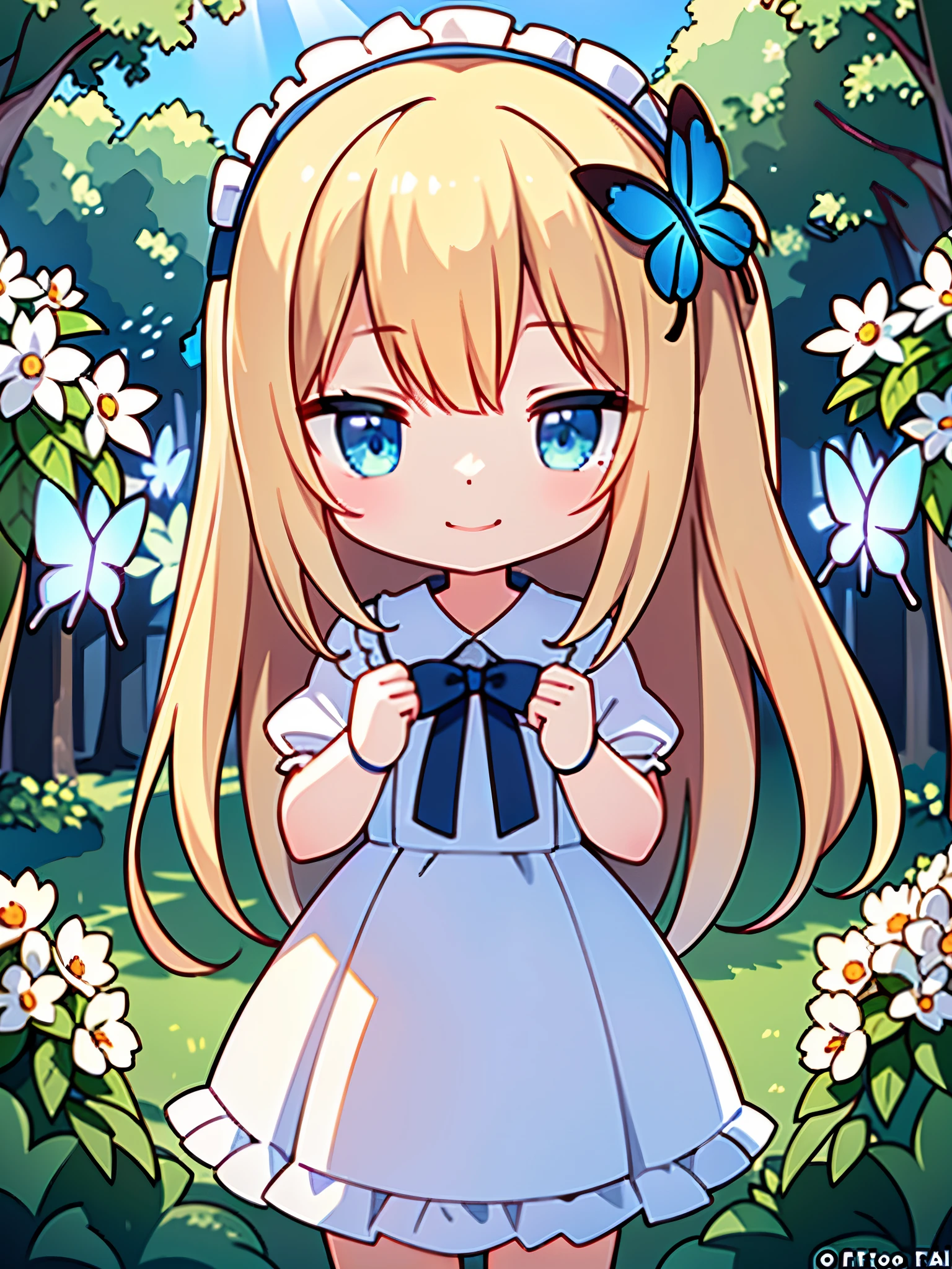 (highest quality)),(ultra high resolution),(Super detailed),(detailed description),((best CG)),(best work of art),super precision art,great drawing art,(Finely detailed fato:1.5), (1 woman:1.5),beautiful and well-shaped face:1.5,smile:1.5,White ruffled dress:1.4, flower garden:1.3,butterfly々:1.3,soft sunlight:1.4,Breeze:1.5