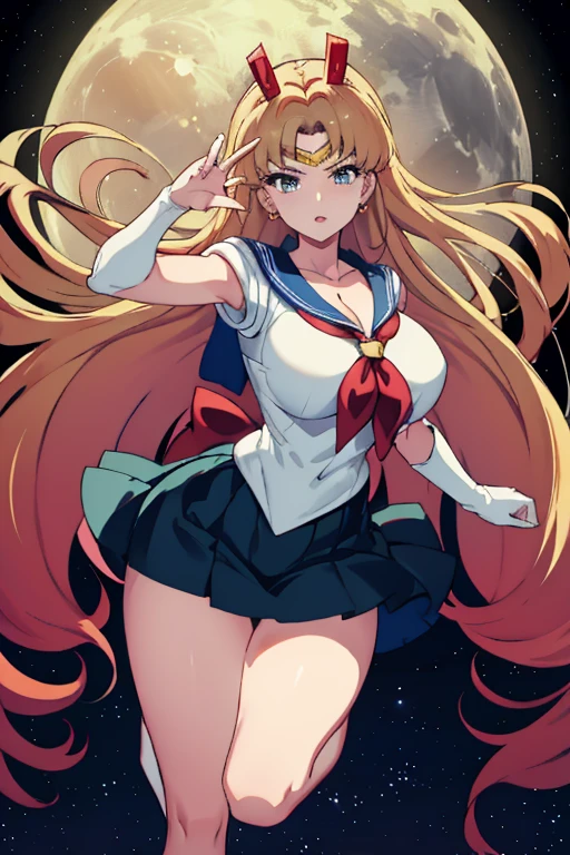 masterpiece, high resolution, best quality, beautiful art, charming art, detailed hands, 1 woman, solo, Power, mature woman, medium breasted, cleavage, wearing a Sailor Moon outfit, full body, sexy legs, sexy posing, wind blowing up her short skirt showing her white panties, looking at the viewer with passion, flirting, moonlight environment 