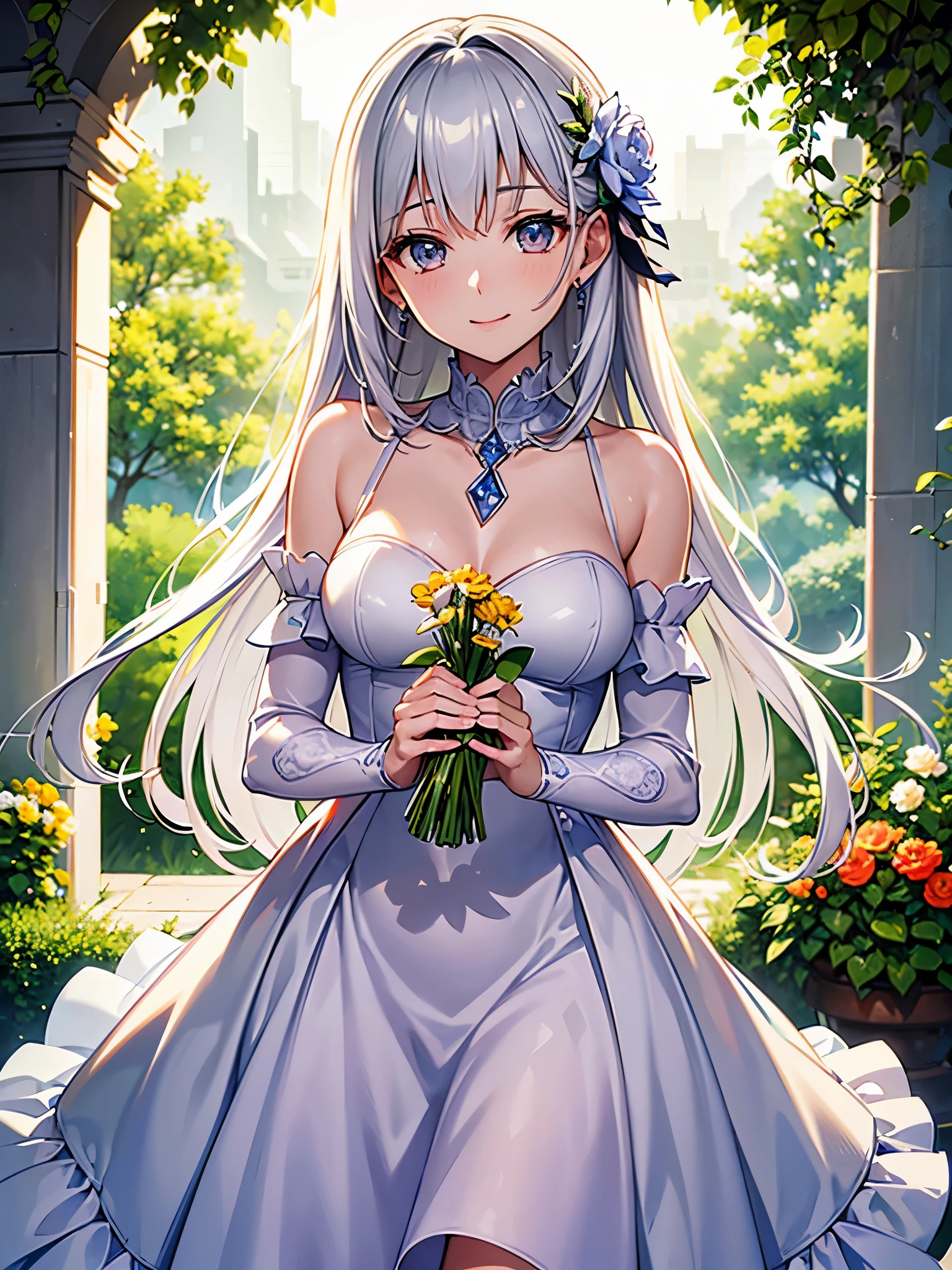 (highest quality)),(ultra high resolution),(Super detailed),(detailed description),((best CG)),(best work of art),super precision art,great drawing art,(Finely detailed fato:1.5), (1 woman:1.5),beautiful and well-shaped face:1.5,smile:1.5,White ruffled dress:1.4, flower garden:1.3,butterfly々:1.3,soft sunlight:1.4,Breeze:1.5