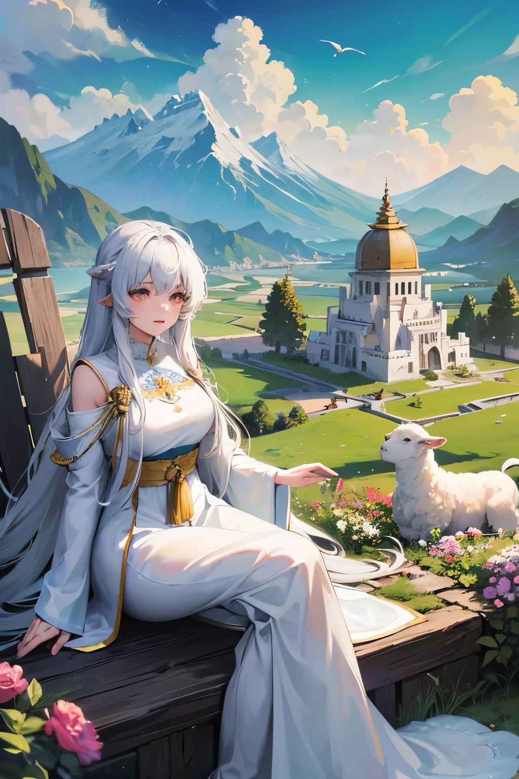 Amidst the dreamlike landscape of a Sky Island, snow-capped mountains tower high, their peaks kissed by the ethereal touch of the clouds. The magical atmosphere of this realm inspires both children and adults, older people included, as they gather around, enchanted by the beauty of this wondrous place. Domestic animals roam freely amongst them, like cows, sheep, and goats, adding a sense of tranquility and harmony to the scene.

The Indian Himalayan style buildings punctuate the landscape, their intricate designs a testament to the rich culture and history of this sacred land. The conceptual scenes unfold through the magnificent portrayal of mountains and seas,