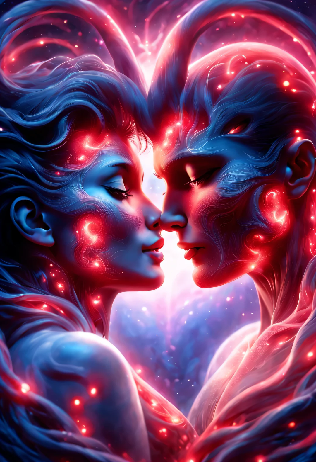 （A man gives a woman a huge floating ethereal heart），（A red heart beats in the center of the picture.：0.85），（Tom Hardy and Audrey Hepburn）（Hug face to face，share a huge heart），Black light art，sharp focus，Toned muscles，Background human upper body muscles， fantasy，Reality，cartoon，3d rendering，Super fine, Eighth Route Walker, Behavioral Contest Winners, vanity, trumpet, modern, 超Reality主义