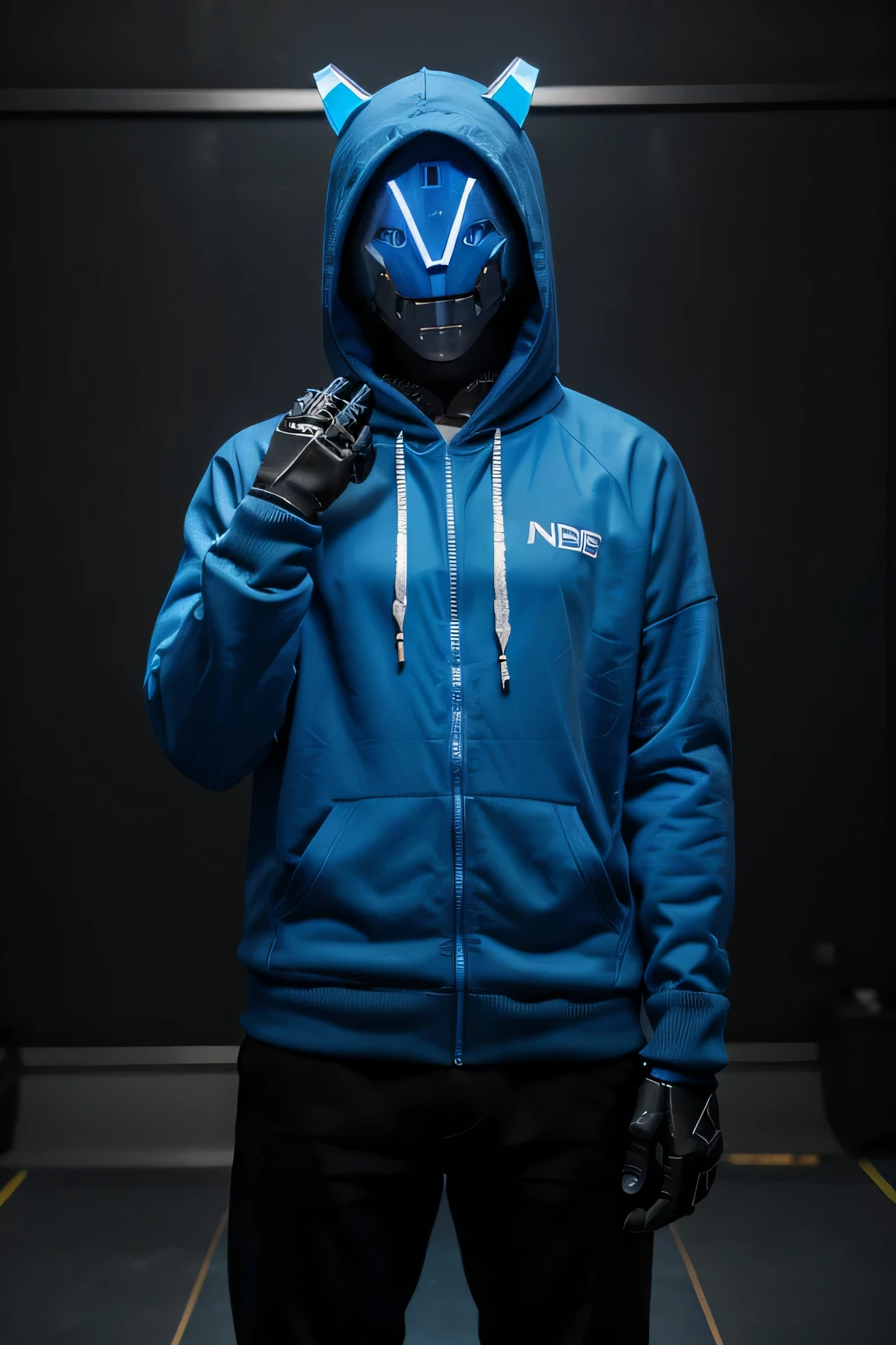 a male robot wearing a blue hoodie, black pants, and blue shoes looking at the camera with a smile with a neon blue robotic mask, as a robot race, not a human, while standing in the art and waving at the camera, while the mask has blue glowing eyes, make the style look like its from a cartoon