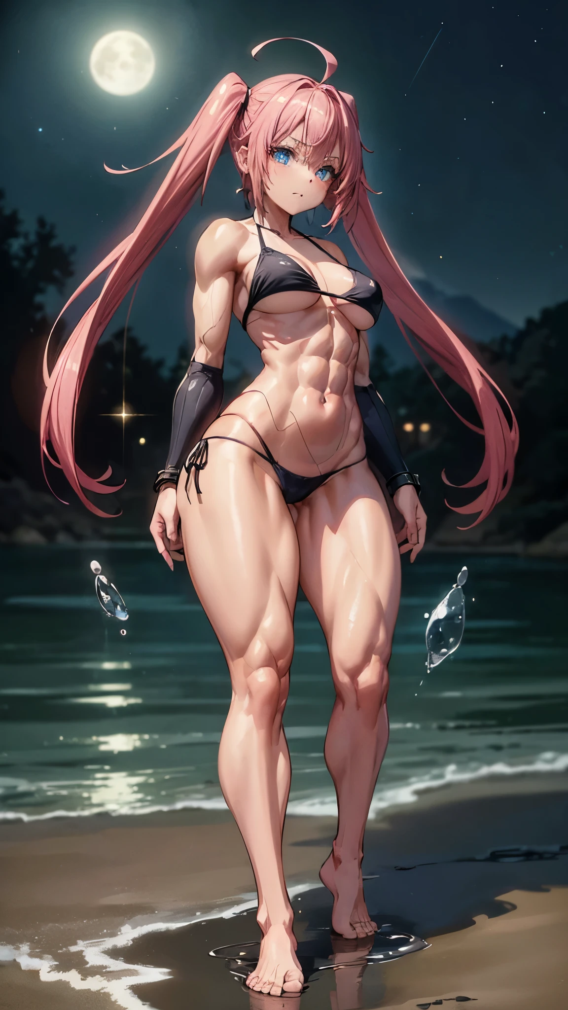 1 girl, (medium breasts))), (((wearing short bikini))), (long pink hair), (((blue eyes))), thin arms, (on the beach at night with starry sky and a full moon of blood), (slim waist), (((muscular legs))), muscular belly, bare feet, (((showing me your big ass))), (full body photo), (twintails), long eyes, eye flare, bad mood, anime, anime style, ray tracing, reflection, drop shadow, panorama, Sony FE, 8k, UDisk, masterpiece, accurate, anatomically correct, Super detail, best quality, ultra-high resolution, Hard Udisk, 16k