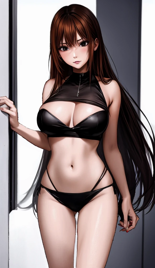A beautiful woman with shoulder-length long hair, ???????????, beautiful legs, and a sharp face is standing in a private room glaring at an elderly man in a suit wearing a black tube top that exposes her navel and black hot pants shaped like panties.。