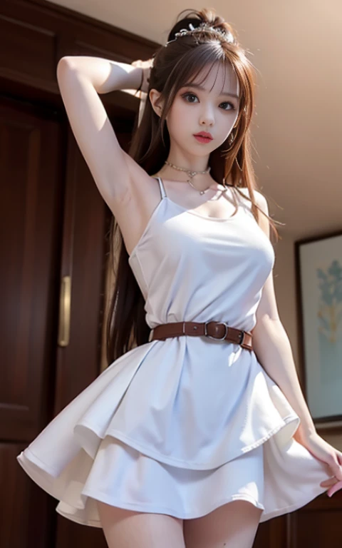 ((masterpiece)), ((best quality)), (ultra-detailed), nsfw, ((underground)),(((belt strongly bound waist))),a cute girl, 1girl, solo, (white mini tanktop dress),(both wrists tied above the head ), (both wrists hung from the ceiling),((thin waist)),large breast, slim, slender, bdsm,beautiful pinkbrown hair, beautiful blue eyes, (beautiful eyes), long hair,troubled expressio