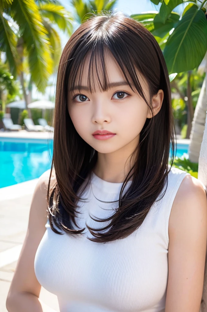 High resolution、High resolution、In 8K、RAW Photos、Highest quality、masterpiece、One age girl,, Wavy Hair, nude, Anatomically correct,bangs,green micro lace bikini, Anatomically correct,