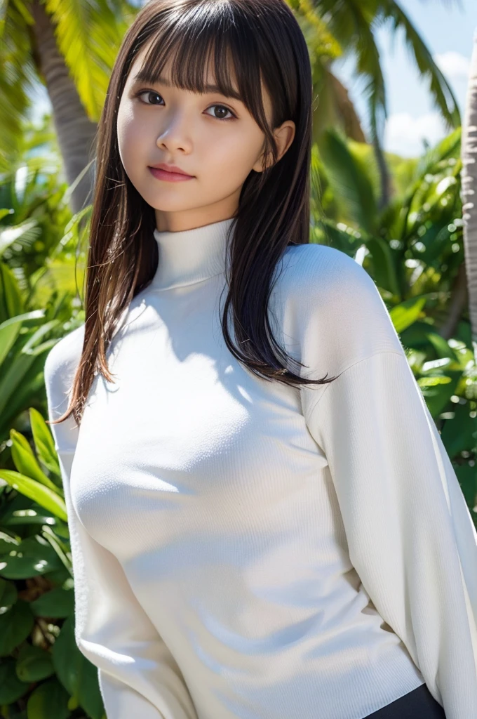 (highest quality、Tabletop、8k、Best image quality、Works by Kishin Shinoyama)、1 girl、(The perfect navy sleeveless turtleneck knit sweater dress:1.5)、(The perfect sleeveless turtleneck knit:1.3)、((Straight long hair:1.75))、Look at me with your best smile、(Very large breasts bigger than a face:1.95)、A fitted knit dress、(Accentuate your body lines:1.45)、(Attractive body:1.42)、(Glamorous figure:1.32)、(Beautiful park background with strong blur:1.1)、The most natural and perfect beauty park、A perfectly maintained park、Standing Elegantly、A refreshing view、Natural Makeup、Ultra HD cute face、(Ultra High Resolution Perfect Teeth:1.1)、Ultra HD Hair、Ultra-high definition sparkling eyes、(Ultra-high resolution glossy skin:1.1)、Ultra-high quality glossy lips、(Accurate anatomy:1.1)、(very bright and vivid:1.2)、(Bright and beautiful skin:1.3), ((Random poses of gravure models))