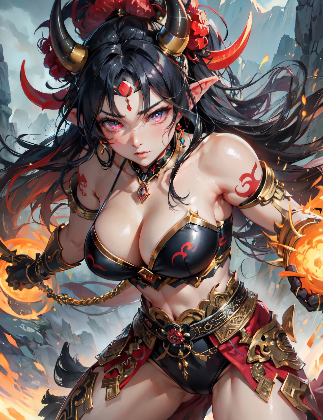 high quality,hd,16k,sharp line,1girl,fantasy, （oni japanese demon）,beautiful face, large breasts, nice legs,in mountain,focus girl,detailed beautiful face,detailed clothes,beautiful eyes,cool,sexy,dynamic angle