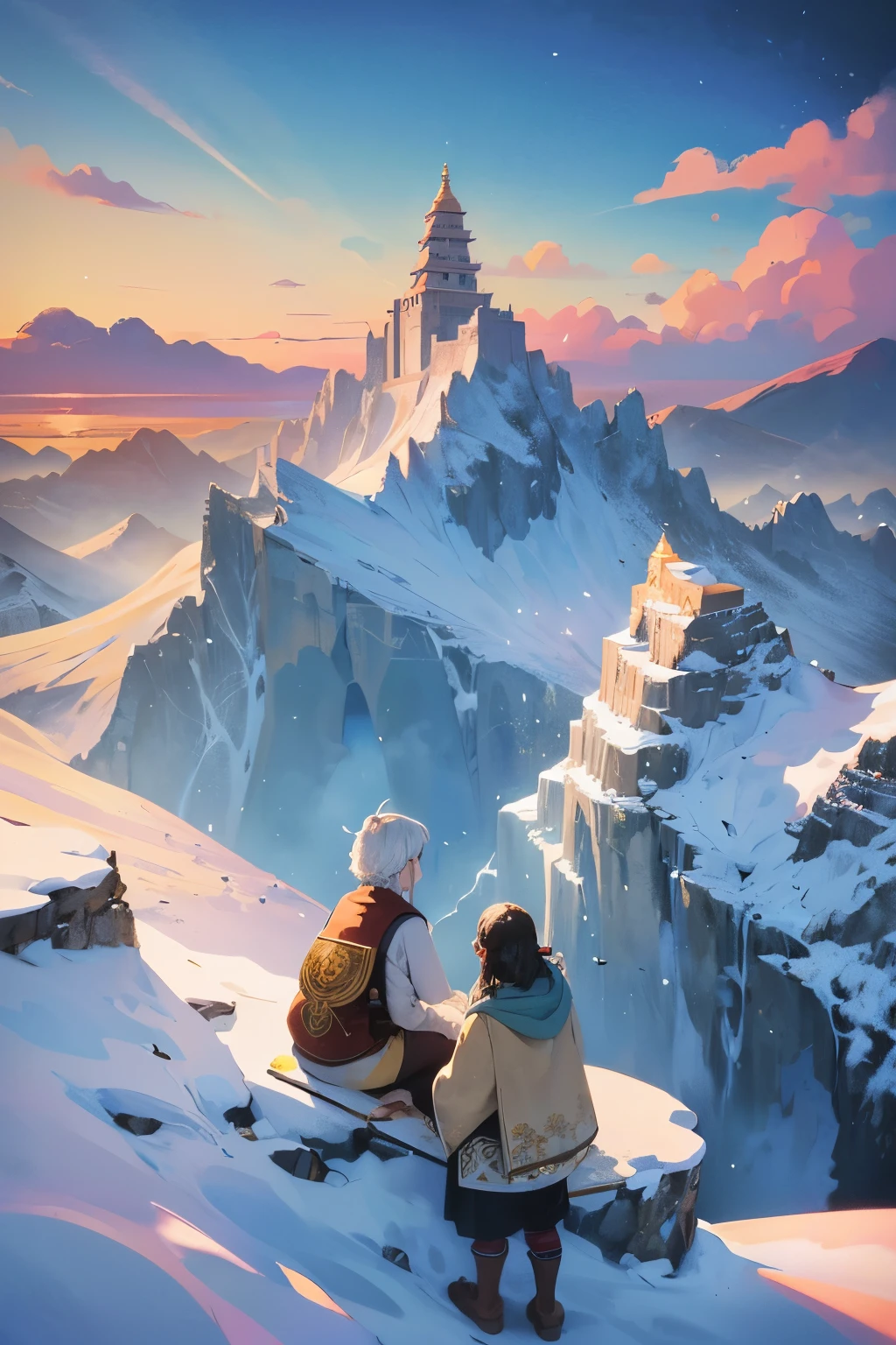 Amidst the dreamlike landscape of a Sky Island, snow-capped mountains tower high, their peaks kissed by the ethereal touch of the clouds. The magical atmosphere of this realm inspires both children and adults, older people included, as they gather around, enchanted by the beauty of this wondrous place. Domestic animals roam freely amongst them, like cows, sheep, and goats, adding a sense of tranquility and harmony to the scene.

The Indian Himalayan style buildings punctuate the landscape, their intricate designs a testament to the rich culture and history of this sacred land. The conceptual scenes unfold through the magnificent portrayal of mountains and seas,