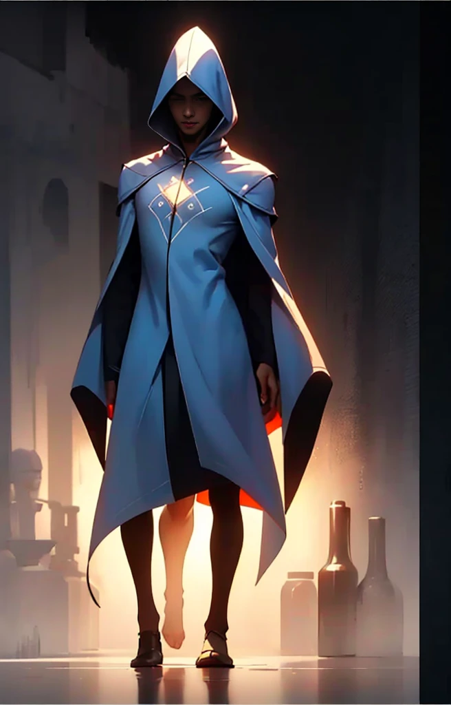 ((( Man wearing cloak))) (  indigo cloak as in controlnet image:1 with black lines), face visible, green eyes.  Symbol on chest, visible hands, human anatomy 