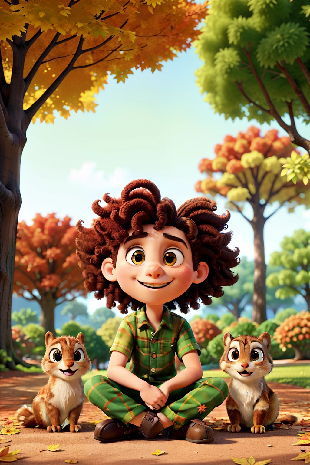 Tommy, a boy with a mop of curly, sun-kissed hair and bright, round eyes, sits comfortably under the sprawling branches of a majestic oak tree. Accompanying him is Nutty, a lively and chatty squirrel with fur as rich and vibrant as autumn leaves. Both of them are deeply engrossed in a captivating tale, their faces illuminated by the soft, golden hues filtering through the leaves. The intricate details of their expressions, textures of their clothing, and the vibrant colors of the autumn foliage surround them, all rendered in hyper-realistic, 8k ultra high definition, Pixar style animation,
