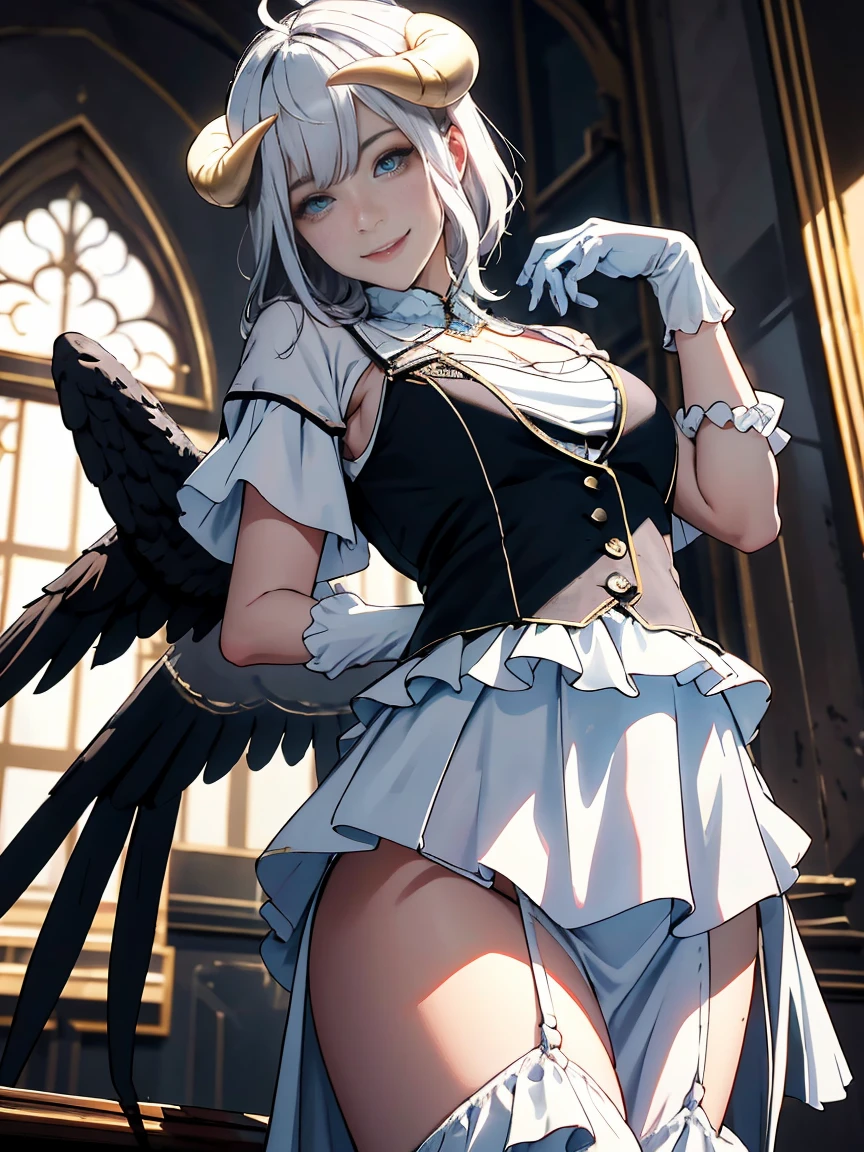(best quality) (masterpice) (hd)Meisterwerk, best qualit, high res, al1, demon horns, geschlitzte Pupillen, white gloves, white dress, nackte Schultern, Abnehmbarer Kragen, Spaltung, black wings, feathered wings, low wings, Cowboy erschossen, stehend, Verlies, evil smile, Die Hand ausstrecken, Ausgebreitete Arme, ausgestreckte Arme,