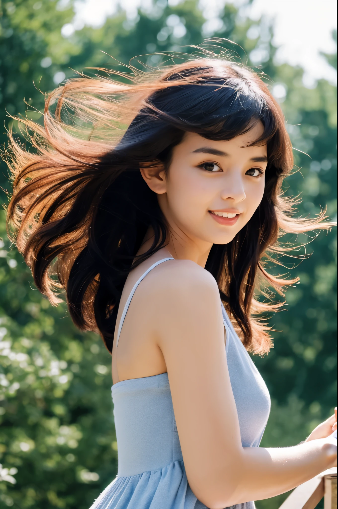 Detailed details,、high resolution、high quality、Perfect dynamic composition、Beautiful detailed eyes、short-hair、Small breasts、Natural Color Lip、Kamimei、Shibuya、20 years girl、1 persons、Transparent skin、Glowing hair、masterpiece、Best Quality、finely detail、hight resolution、8K、The correct state of the human body、She wears a navy blue long knit dress、randome pose、Gravure Model Pose、Hair soaring in the wind