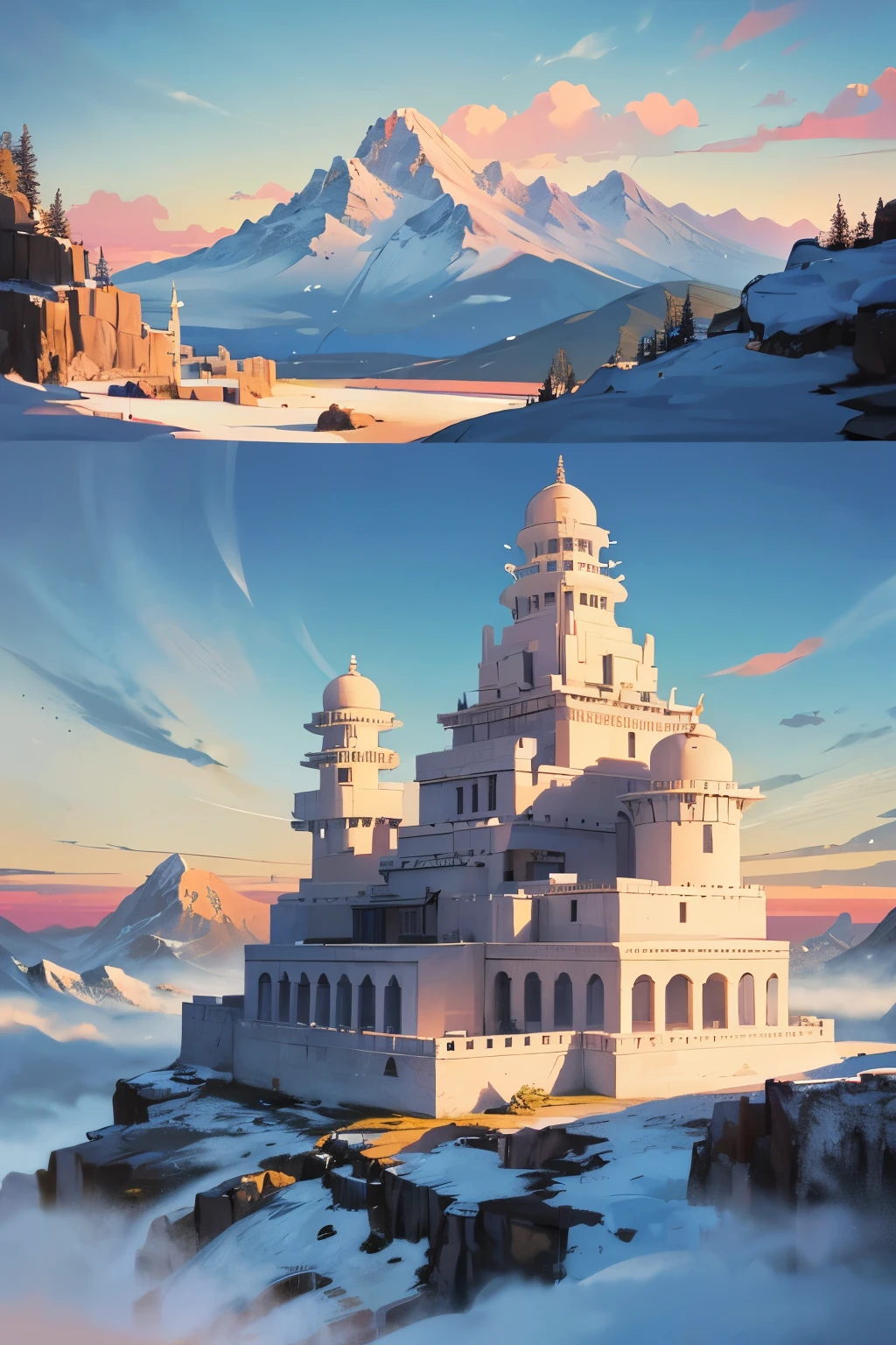 Amidst the dreamlike landscape of a Sky Island, snow-capped mountains tower high, their peaks kissed by the ethereal touch of the clouds. The magical atmosphere of this realm inspires both children and adults, older people included, as they gather around, enchanted by the beauty of this wondrous place. Domestic animals roam freely amongst them, like cows, sheep, and goats, adding a sense of tranquility and harmony to the scene.
The Indian Himalayan style buildings punctuate the landscape, their intricate designs a testament to the rich culture and history of this sacred land. The conceptual scenes unfold through the magnificent portrayal of mountains and seas,