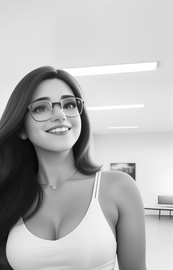 (melhor qualidade,high resolution,ultra-detalhado,realista:1.2),retrato,Apresentador de TV,30 anos (Cabelos castanhos:1.1) Mulher com cabelo longo,Rosto redondo, sorriso charmoso, (Olhos castanhos:1.1) olhos, wearing glasses, Looking at the camera.