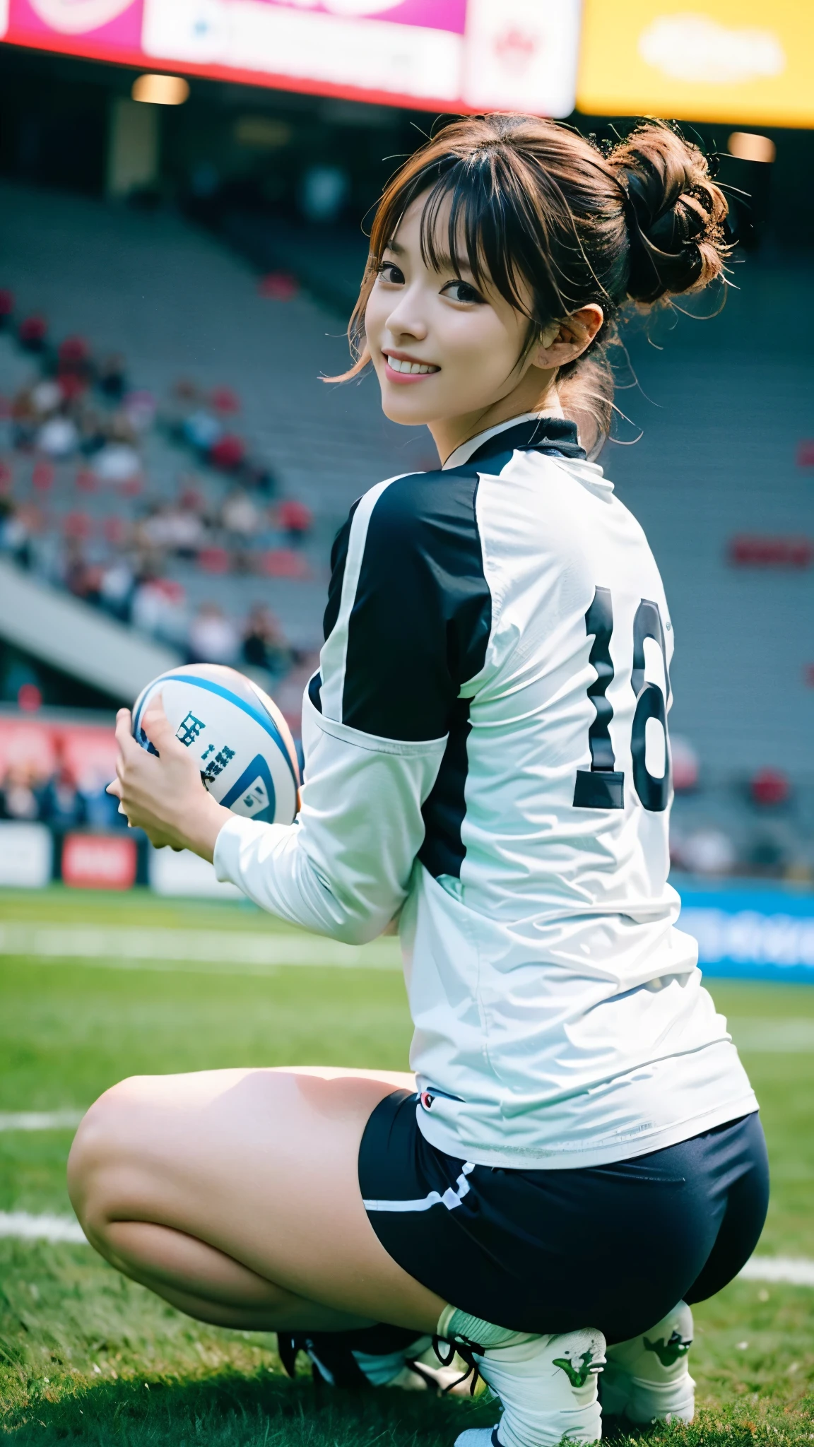 (((perfect anatomy))),(((A beautiful rugby player with an outstanding figure is seriously running with a rugby ball in her hand, her eyebrows furrowed, on the field of a large rugby stadium filled with spectators.))),Wearing a long-sleeved white collared rugby shirt with a large number on it, a headband, and spikes, we captured a full-body photo of the moment he pushed his way through his opponents and crossed the line.,The moment when a beautiful rugby player wearing a bright black uniform and wearing a thick hairband on his forehead looks straight ahead, fending off his opponents who are trying to stop him, and diving headfirst into the end line with a serious look on his face to score a successful try. photograph,(((Ulsan-6500))),(((Beautiful background bokeh with deep depth of field created by Hasselblad))),sexy waist,masterpiece,highest quality,ultra high resolution,high detailed portrait,tall nose and beautiful face,limbs like a model,The fair-skinned nape of the neck is dazzling,(((Her slim waist and stunning hips are a beauty that captivates everyone who sees her.))),Sprint with your chin tucked and forward leaning,((A dynamic photo taken from behind)),cute 20 year old, Her long, beautiful, lustrous chestnut hair is tied up in a bun, and the nape of her neck is cute.,(Her proud F cup breasts shine),long eyelashes and large eyes,,Clear double eyelids,((Glossy thick lips)),perfect anatomy,