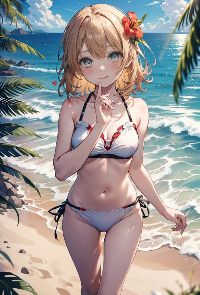 ,1 girl, Iroha, brown hair, long hair,yellow eyes,hibiscus hair ornament,While strolling along the sandy sands of the beach、smile,Hard working days々々Sought solace from the burden of.,Sky blue hair fluttering in the breeze, It reflected the serenity that filled her heart and the longing for liberation,bikini swimwear,(masterpiece:1.2), highest quality, High resolution, unity 8k wallpaper, (figure:0.8), (beautiful and fine eyes:1.6), highly detailed face, perfect lighting, Very detailed CG, (perfect hands, perfect anatomy),