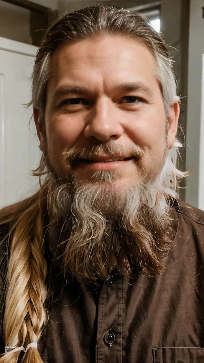 55 years old hairy American man with (short white beards )and long hair, white a smile