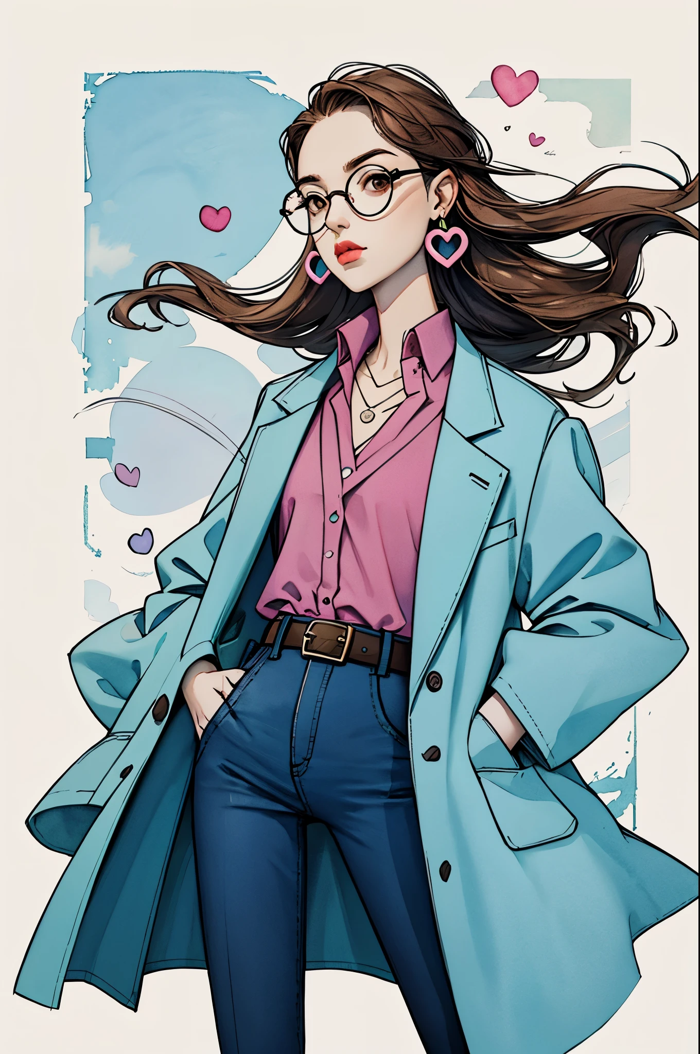 two-dimensional, national foundation, pastel colors, watercolor, 
line art, 
ankymoore, 1 girl, alone, long hair, looking at the audience, skirt, brown hair, shirt, have, brown eyes, jewelry, jacket, white shirt, Heart, earrings, Glasses, collared shirt, belt, Pants, necklace, coat, Berets, blue jacket, black belt, hands in pockets, blue Pants, shirt tucked in,