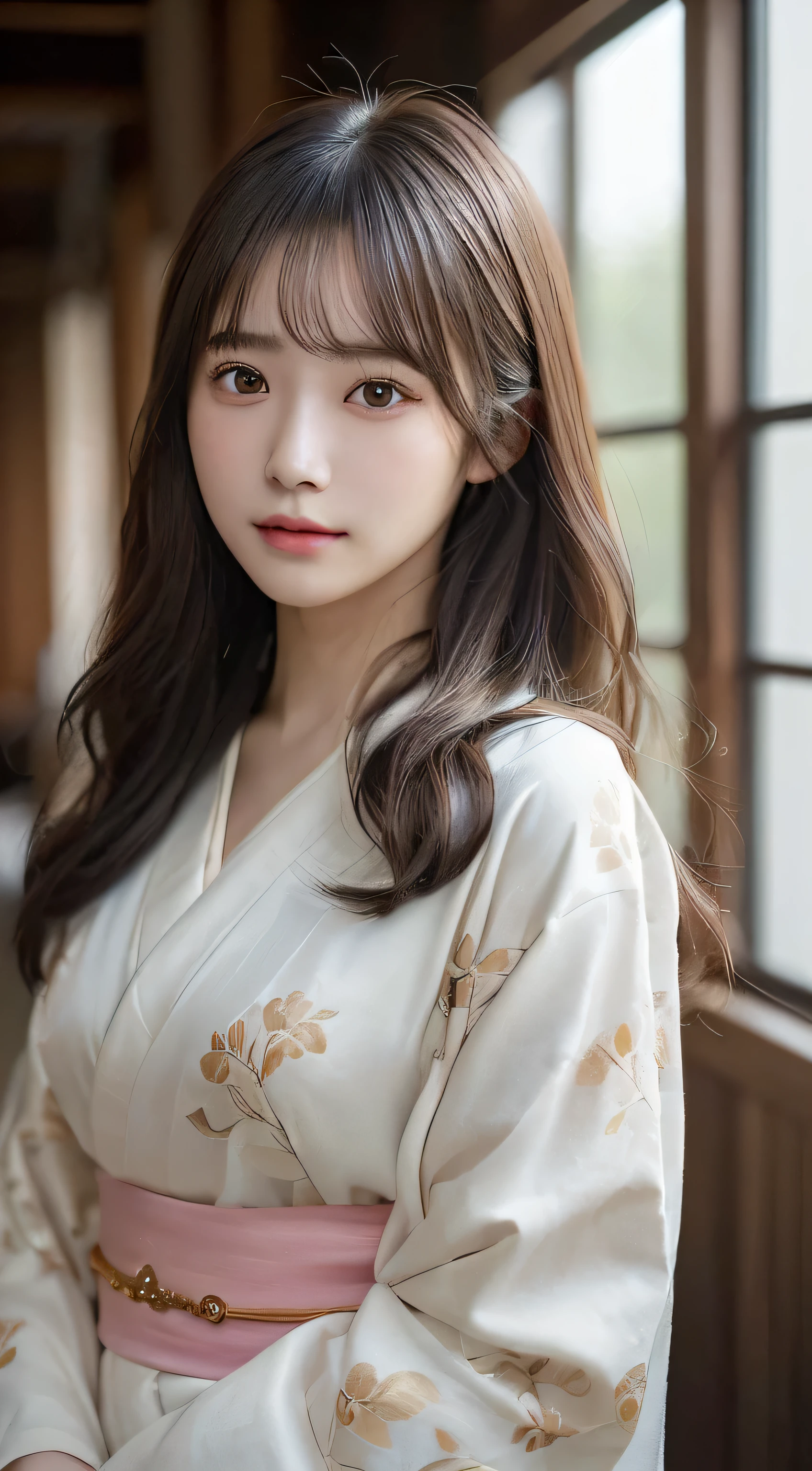 (Kimono with attention to detail）、(age19、no-makeup)、、(top-quality,​masterpiece:1.3,超A high resolution,),(ultra-detailliert,Caustics),(Photorealsitic:1.4,RAW shooting,)Ultra-realistic capture,A highly detailed,high-definition16Kfor human skin、 Skin texture is natural、、The skin looks healthy with an even tone、 Use natural light and color、(One Woman)、japanes,,kawaii,A dark-haired,Middle hair,(depth of fields、chromatic abberation、、Wide range of lighting、Natural Shading、)、