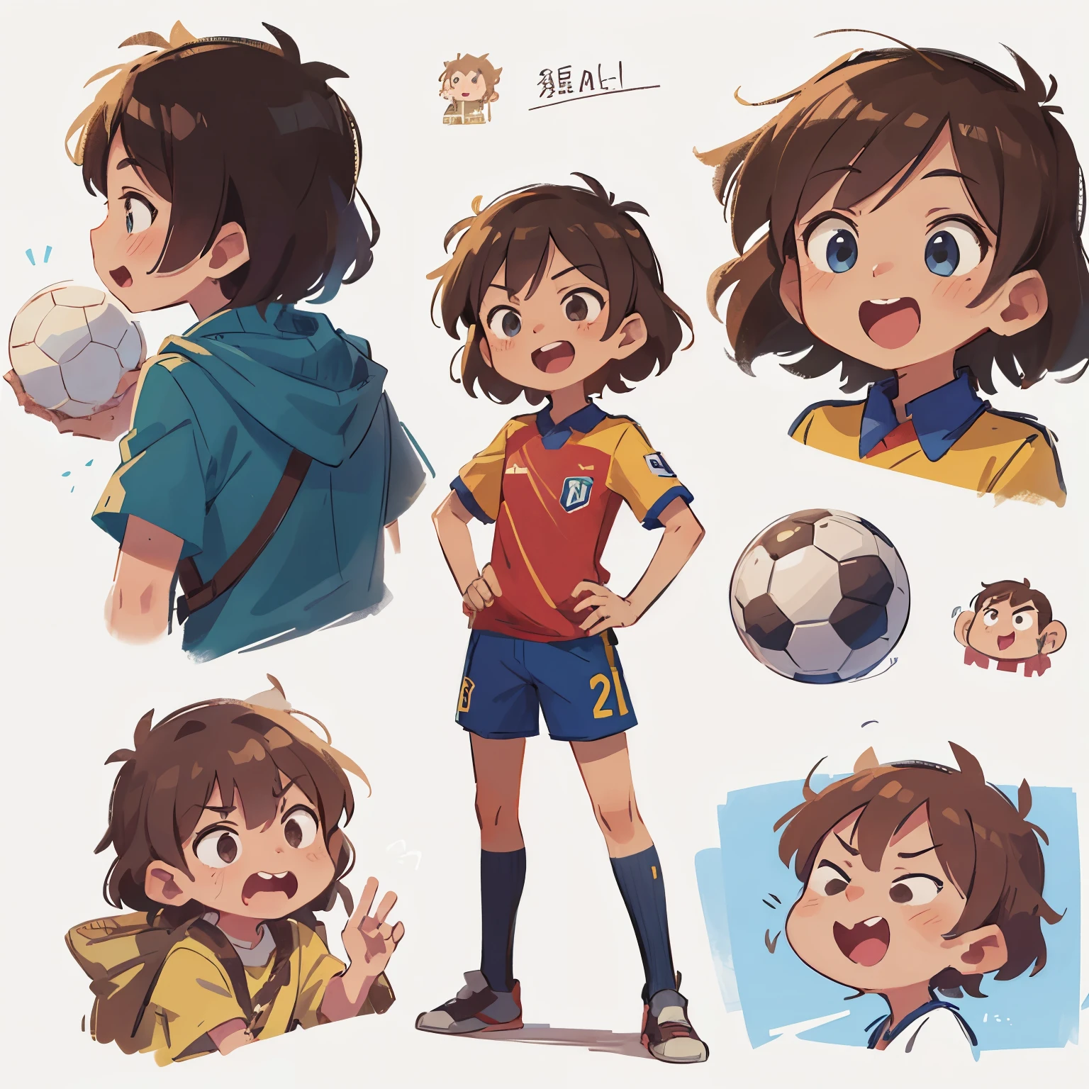anime style, Young soccer player boy close up,((Character concept art)),((character design sheet、Same role、frontage、side、behind))video game characters designsを備えた中世のファンタジー世界の物語のキャラクターアート,video game characters designs,boy shooting a soccer ball,brown hairの短髪の男の子,Soccer uniform for boys clothes,Expert high-detail concept art,metal slug concept art,interesting character design,boy in fantasy world of middle world,soccer shoes and socks,brown hair,blue eyes brown hair,smiling boy,