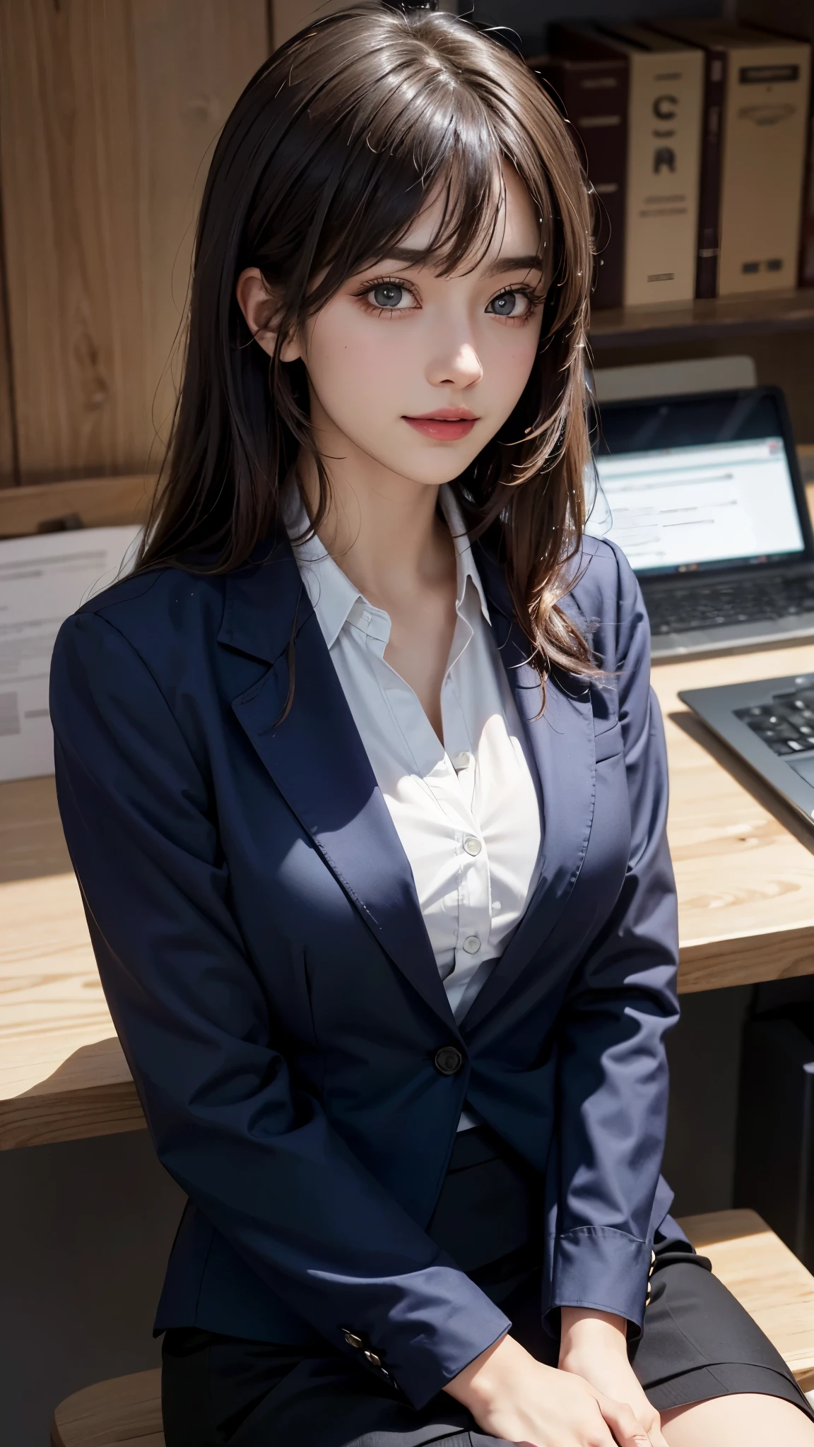 (UHD, retina, masterpiece, accurate, anatomically_correct, textured_skin, super_detail, high_details, high_quality, best_quality, high_res, 1080P, HD, 4K, 8k, 16k), (beautiful_detailed_eyes, beautiful_detailed_lips, extremely_detailed_eyes_and_face), soft_lighting, physically-based_rendering, vivid_colors, (large_breasts:1.5), (shiny_hair, shiny_skin, tanned_skin, blush), (bangs:1.5), eye_reflection, (bokeh), semi-profile_view, smile_and_laugh, (blazer, shirt, businessskirt, sit:1.5), tights, from above,