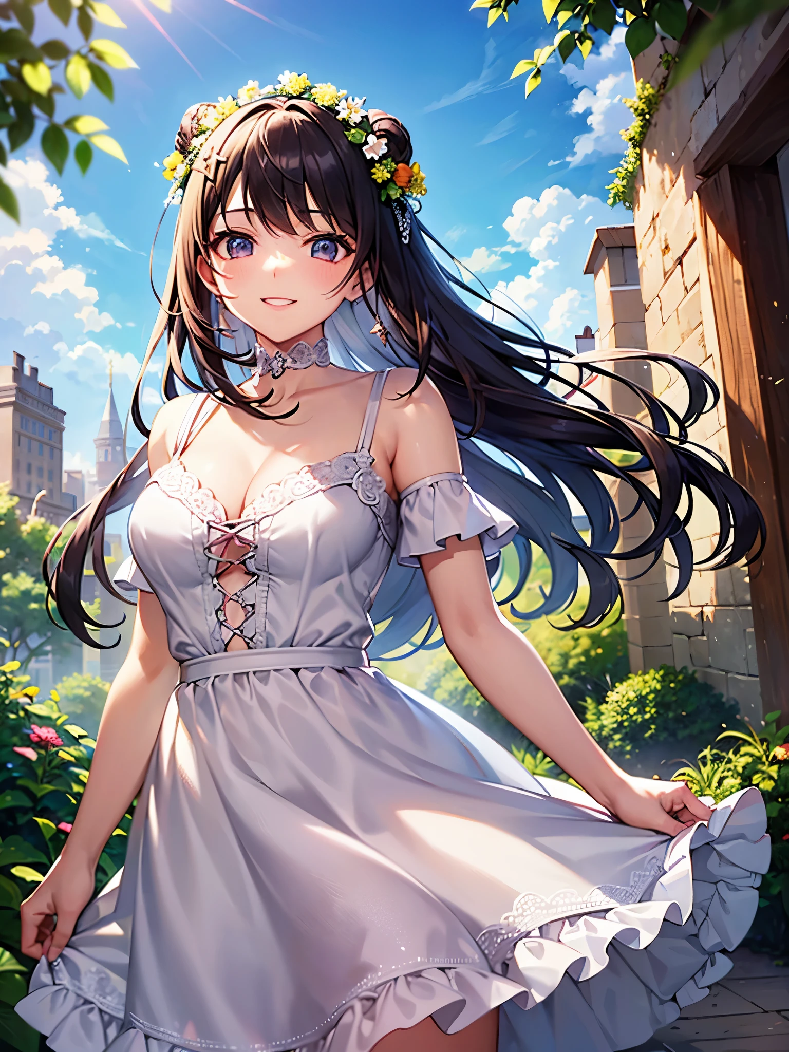 (highest quality)),(ultra high resolution),(Super detailed),(detailed description),((best CG)),(best work of art),super precision art,great drawing art,(Finely detailed fato:1.5), (1 woman:1.5),beautiful and well-shaped face:1.5,smile:1.5,White ruffled dress:1.4,clear:1.5, flower garden:1.3,butterfly々:1.3,soft sunlight:1.4,Breeze:1.5