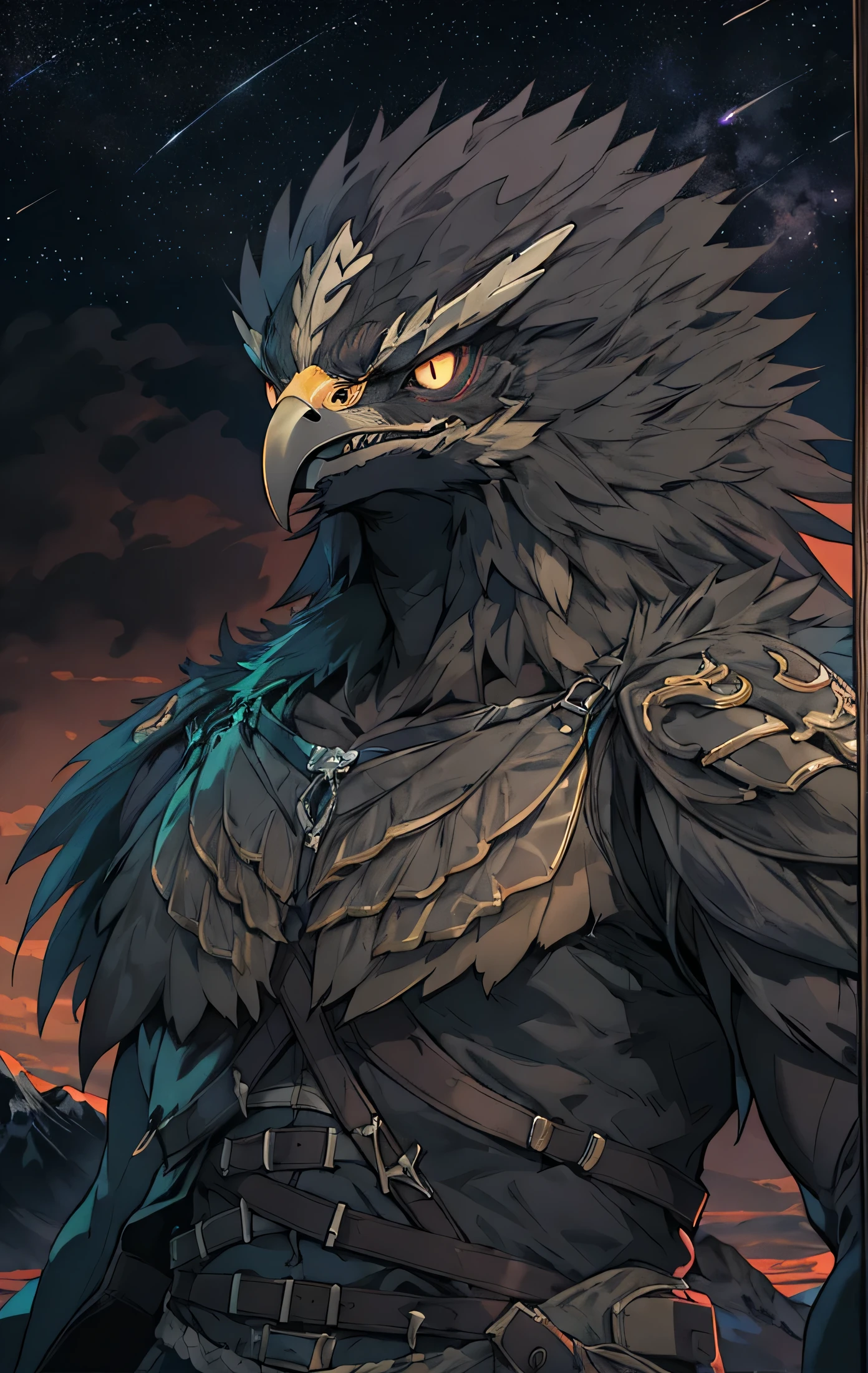 hawk face monster, muscular, european traditional armor, Night Background, Natural background, mountain,