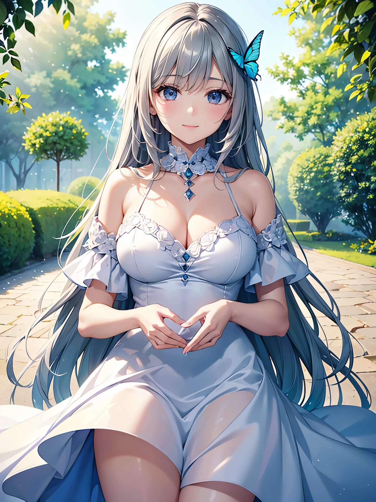 (highest quality)),(ultra high resolution),(Super detailed),(detailed description),((best CG)),(best work of art),super precision art,great drawing art,(Finely detailed fato:1.5), (1 woman:1.5),beautiful and well-shaped face:1.5,smile:1.5,White ruffled dress:1.4,clear:1.5, flower garden:1.3,butterfly々:1.3,soft sunlight:1.4,Breeze:1.5