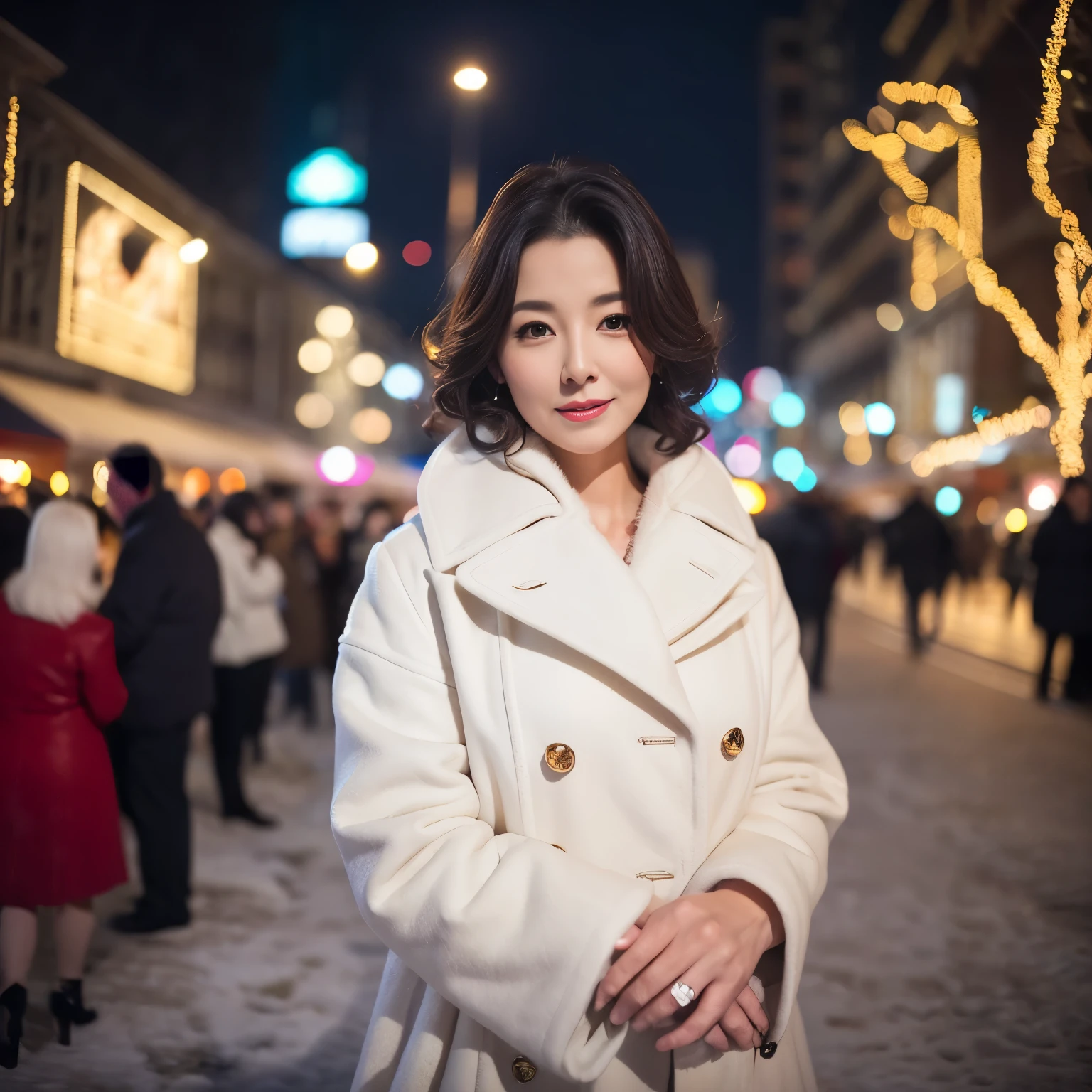 ((highest quality、8K resolution、master masterpiece、professional photography)), Photoreal, 1 Japanese woman, beautiful woman, (The most classy and beautiful mature woman of 45 years old:1.2), wrinkles around the eyes, Plump and soft body、The most elegant and beautiful hairstyle、City of night角, night scene,City of night,Neon Street,Sparkling neon lights,Romantic evening,smile shyly at me,Smile at me,Look at me lovingly、(The most elegant lady's white luxury coat:1.2)、big and full breasts,Winter clothes that emphasize the bust,It's snowing,snowy night,Gorgeous illumination,(gorgeous giant christmas tree:1.2)、Glamorous background,perfect makeupアップ,Dark red lipstick,perfect makeup,eye shadow、long eyelashes、low contrast,great movie lighting,romantic lighting,Gorgeous illumination,Christmas Cityscape,Gorgeous illumination、(very moody and romantic:1.1)、Beautiful skin with super high detail、blurred background、Glittering night background、premonition of love
