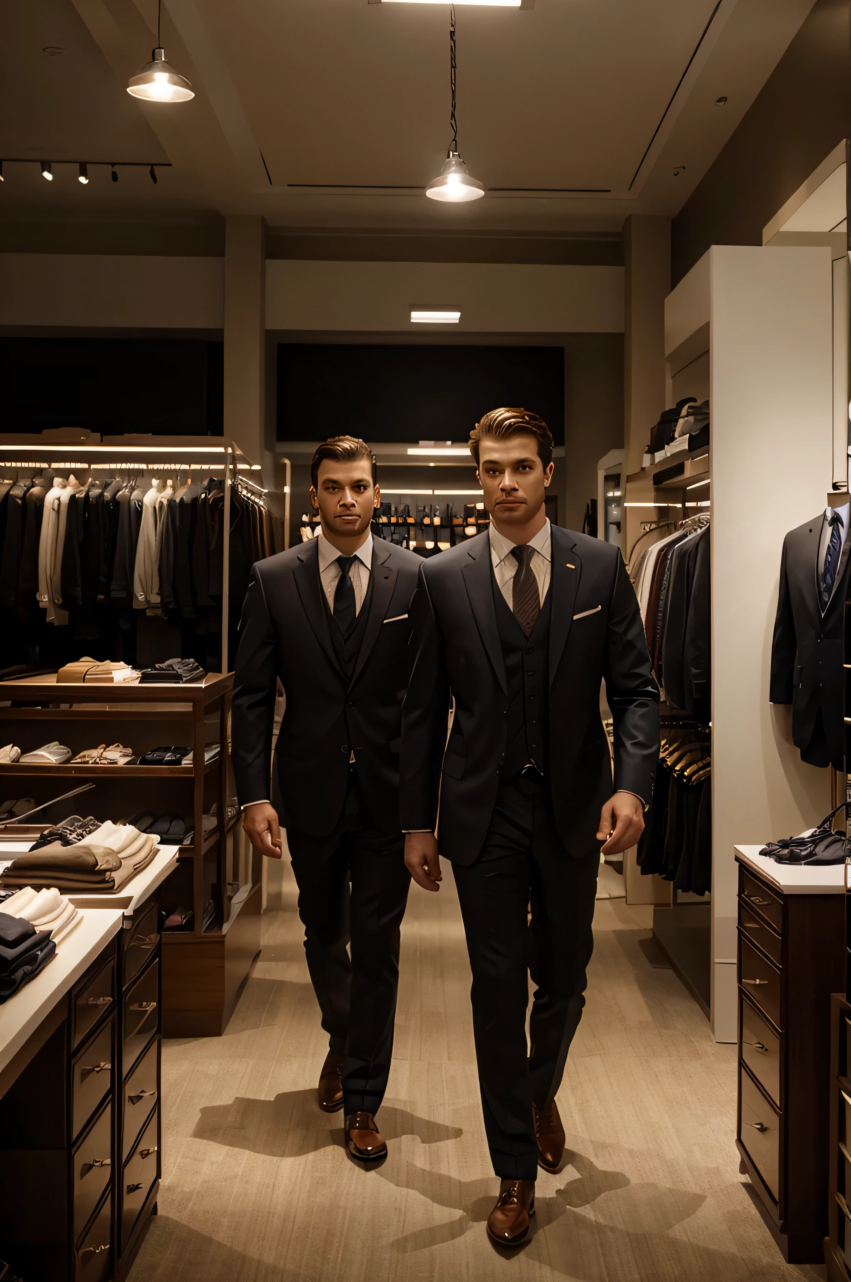 A view of a classic men's suit store with lighting from the right side of the realistic frame without any people in the lighting store at 11:00 a.m.