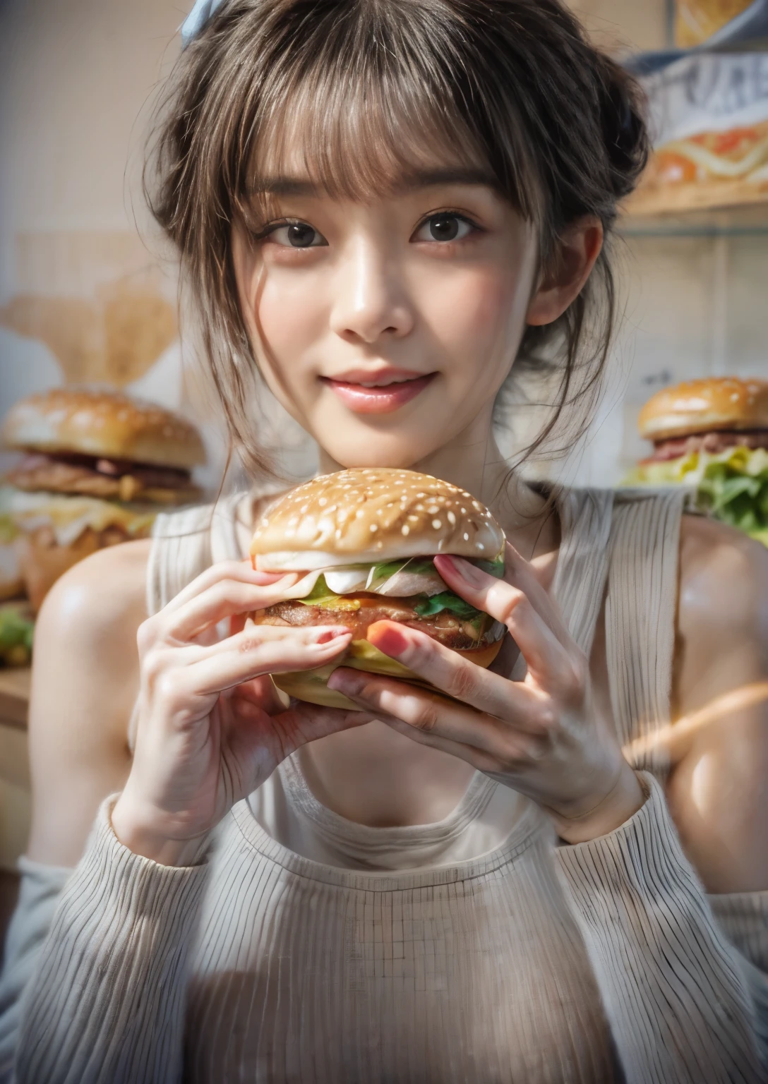 masterpiece、8K、32K、highest quality、(Detailed both eyes)、(cute japanese woman、bangs:1.3)、23 years old、1 girl、elegant、black hair、(movie、Ilford HP5、80mm、Depth of bounds written:1.4)、(huge :1.2)、night、(Knitted Tank Top:1.3)、(eating hamburger:1.7)