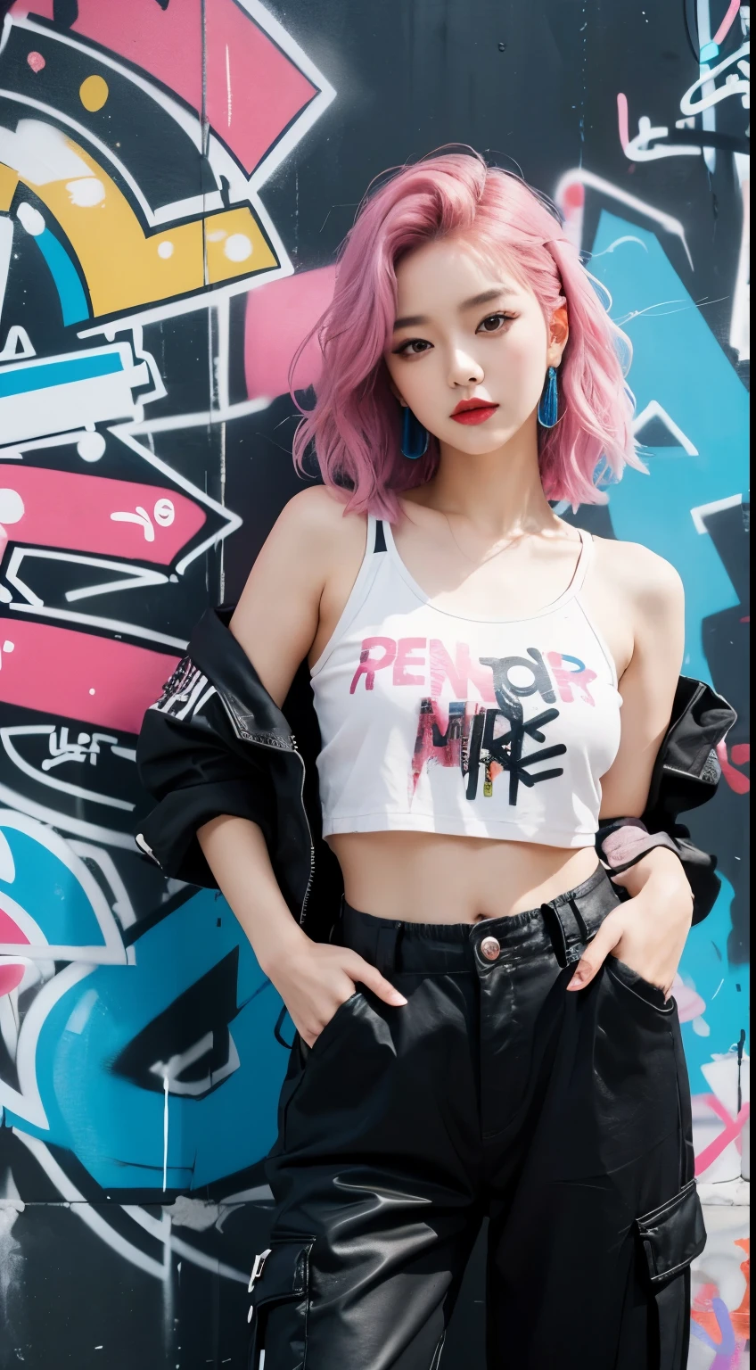 best quality, Clarity, 4k, 8k, detail, actual, Beautiful Girl, Korean makeup, Red lips, pink and blue hair, Perfect body, thigh, stand, pose standing, medium chest, long inner top, black Cargo Box Pants, Solid graffiti wall background, Graffiti art,