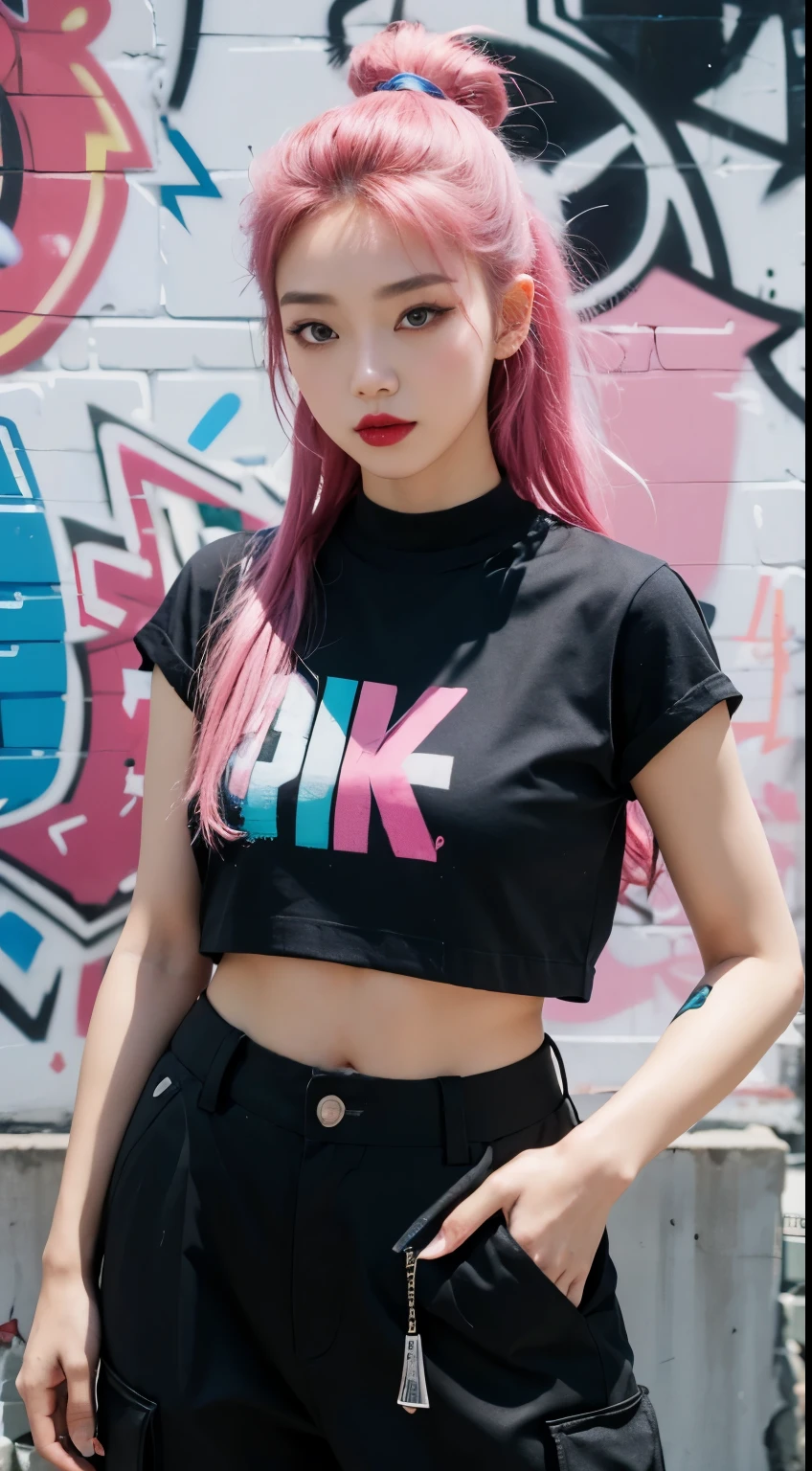 best quality, Clarity, 4k, 8k, detail, actual, Beautiful Girl, Korean makeup, Red lips, pink and blue hair, Perfect body, thigh, stand, pose standing, medium chest, long inner top, black Cargo Box Pants, Solid graffiti wall background, Graffiti art,