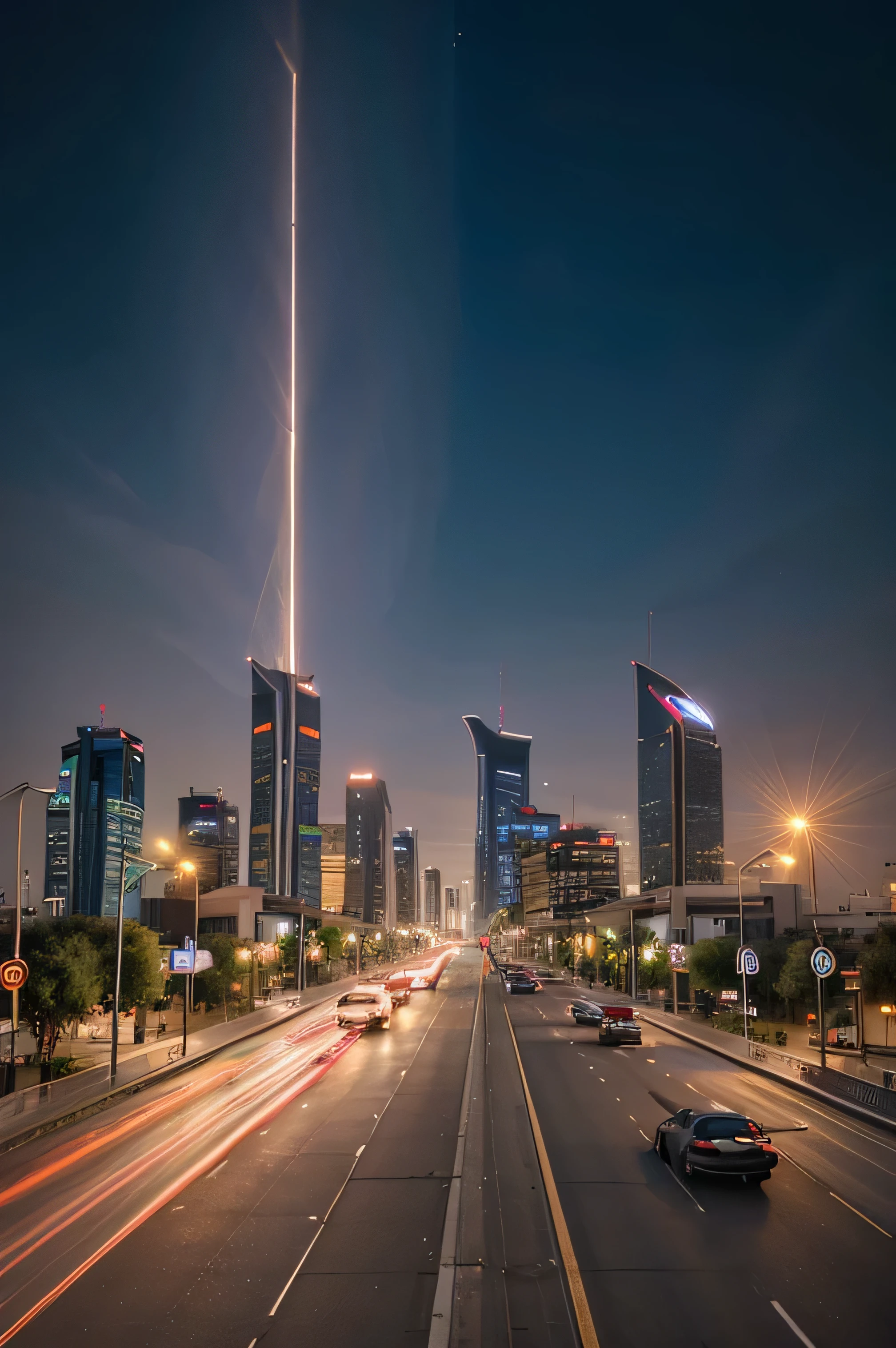 Create a stunning visual representation of Riyadh city during the golden hour. The skyline is adorned with iconic towers that reach towards the heavens, their silhouettes highlighted against a canvas of billowing clouds painted in warm hues by the setting sun. The sky, a masterpiece of vivid oranges and purples, sets the perfect backdrop for the city's dynamic energy. In the foreground, capture the essence of urban life with a ring road gracefully curving through the lower mid-section of the frame. Employ the magic of long exposure to transform the traffic on the ring road into a mesmerizing dance of light trails, illuminating the scene with streaks of vibrant colors. This composition aims to convey the harmony of modern architecture, natural beauty, and the pulsating rhythm of city life in Riyadh at twilight