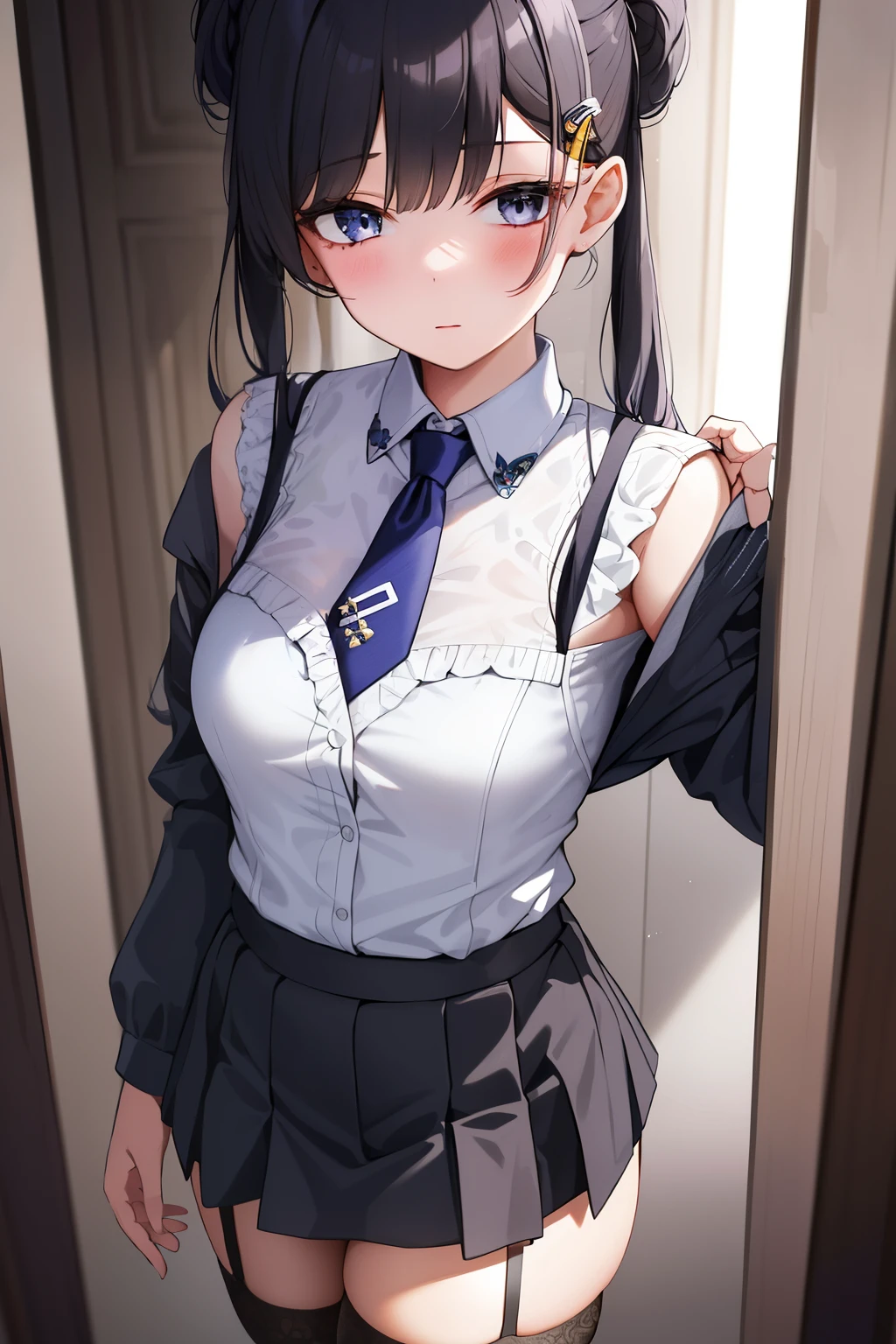 1girl, hairclip, necktie,collared shirt, white shirt,garter straps , colorful theme, (best quality, high quality, high resolution), realistic, ultra-detailed, highly detailed face features, absurdres,realistic lighting and reflections, highly detailed face features, see through shirt, best photo,high quality illustration