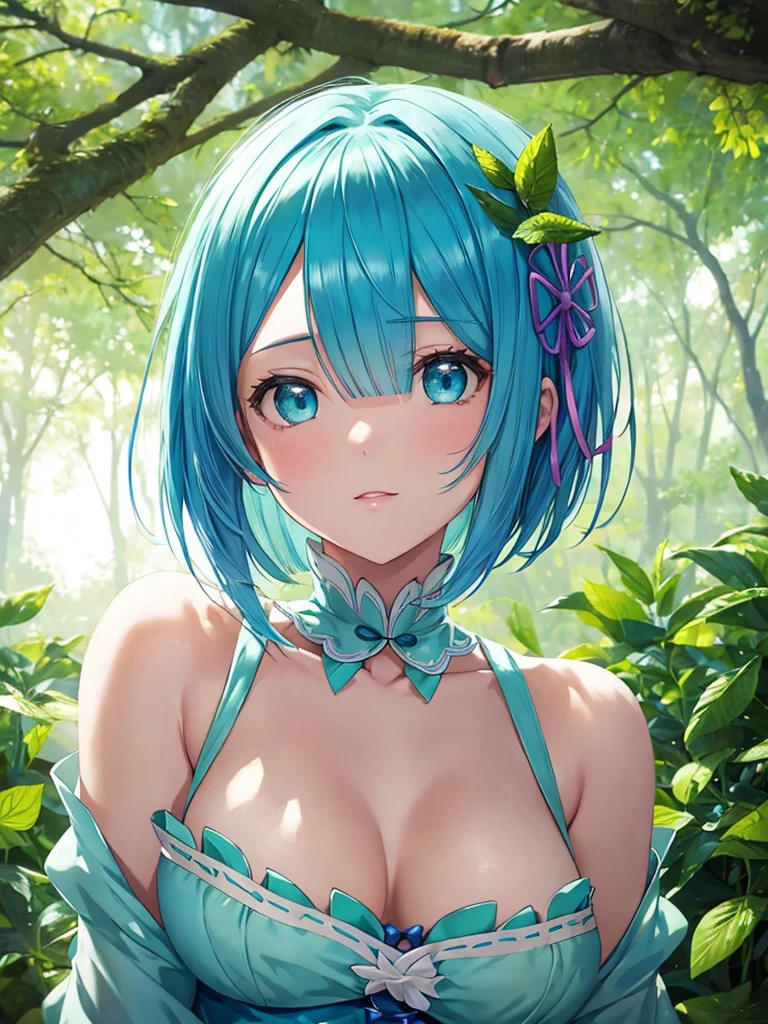 Rem,Re:zero,blue hair,short hair,masterpiece, best quality, ultra detailed ,1 girl, mint lime skin , Luminescent translucent body ,
portrait, Upper body,in the forest ,
bob cut,