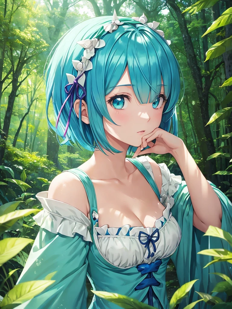 Rem,Re:zero,blue hair,short hair,masterpiece, best quality, ultra detailed ,1 girl, mint lime skin , Luminescent translucent body ,slime body,Toro Toro,mush,
portrait, Upper body,in the forest ,
bob cut,