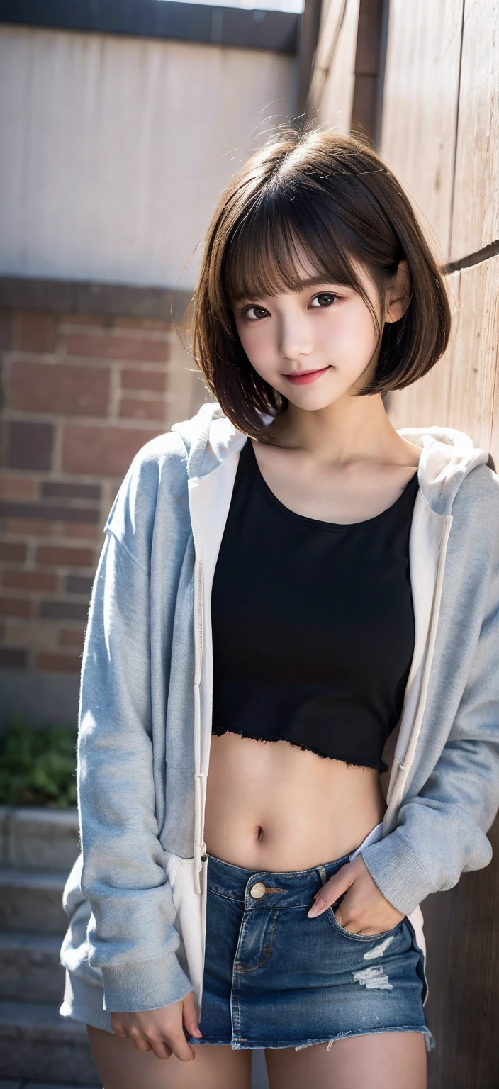 from below, line drawing, looking at camera, naked body, Torn hoodie and tattered low-rise denim miniskirt., lift up the skirt, kiss face, idol face, handsome face, blur the background, bob cut, Huge , 14 years old,  In addition, A large amount of  is applied to the body, smile, masterpiece, highest quality, RAW photo, realistic, beautiful girl, cute, short hair, Depth of written boundary, High resolution, Super detailed, small details, very detailed, very detailedな目と顔, sharp pupils, cinematic lighting