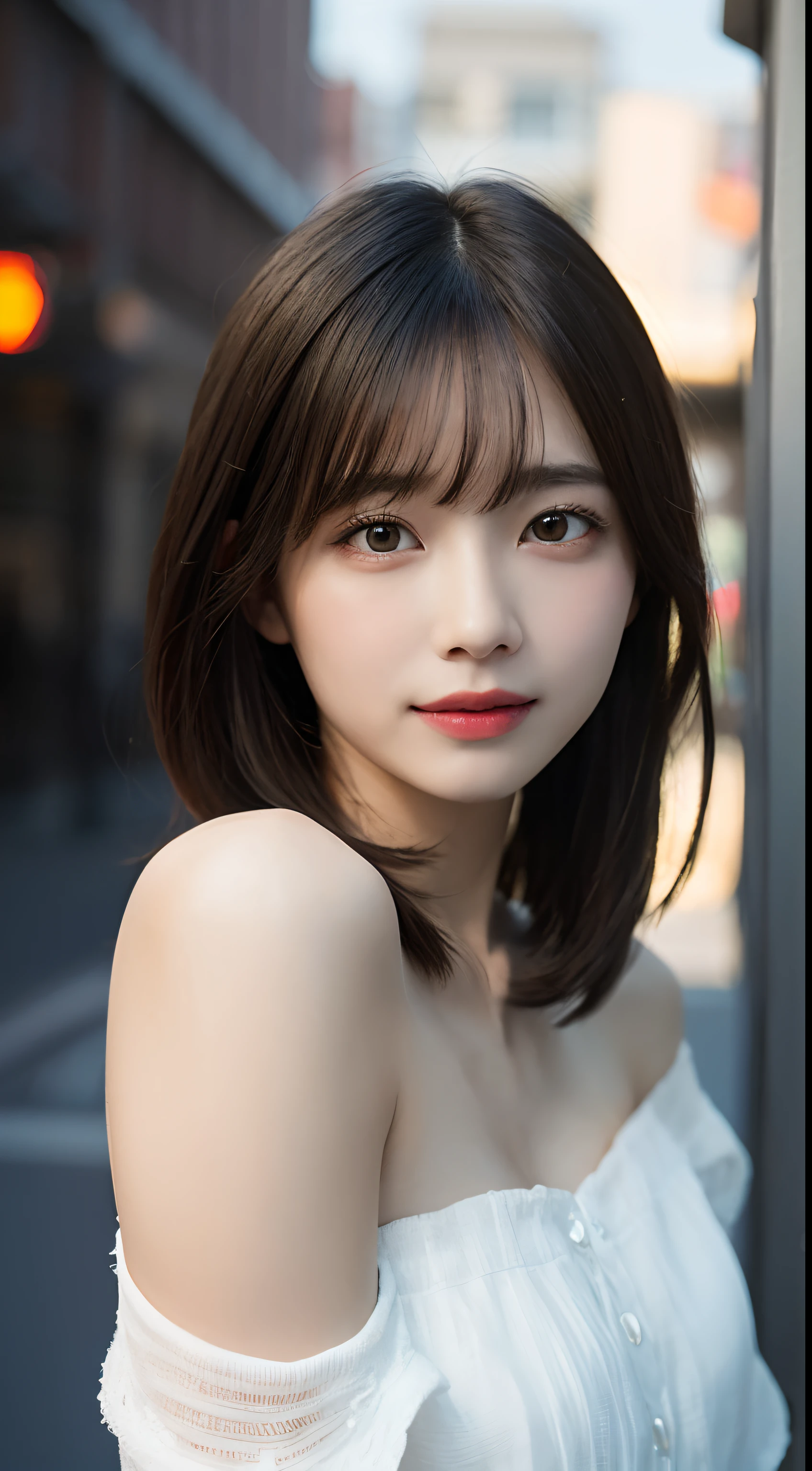 randome pose, mix4, (8K, Raw photography, top-quality, masterpiece: 1.45), (realisitic, Photorealsitic: 1.37), one girls, cute little, A smile、Cityscape, natta, profetional lighting, photon maping, Radio City, physically-based renderingt, Gradient black hair, white hair, Long, a handsome, girl with, tiny chest,Dress-off shoulder, top quality photo, hight resolution, 1080p, (clearface), (Detailed face description), (Detailed hand description), (masterpiece), realisticlying, extreme light and shadows, dishevled hair, masterpiece, lush detail, (Fine facial features), (Highest Quality Photos), (masterpiece), (finely eye), dual、Look in front of you, Fine clavicle,Emphasis on the armpits、Show lower milk
