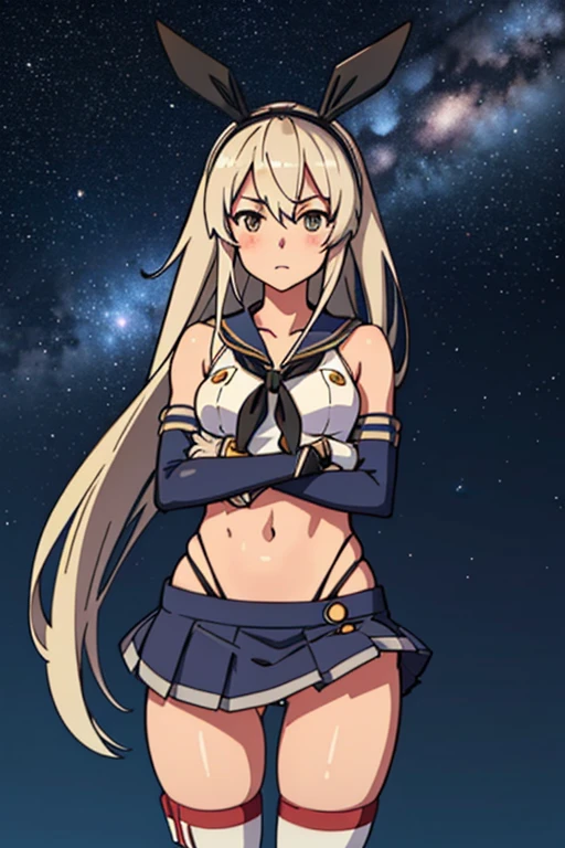 hyper detailed, perfect anatomy, extremely detailed and delicate, 1 girl, Shimakaze (KanColle), bright eyes, clean skin, white sailor uniform, bear shoulders, white elbow gloves, blonde hair, long hair, striped thighhighs, sailor collar, navel out, highleg panties, black panties, blue skirt, microskirt, pleated skirt, night sky, stars, milkyway, hugging a black cat,